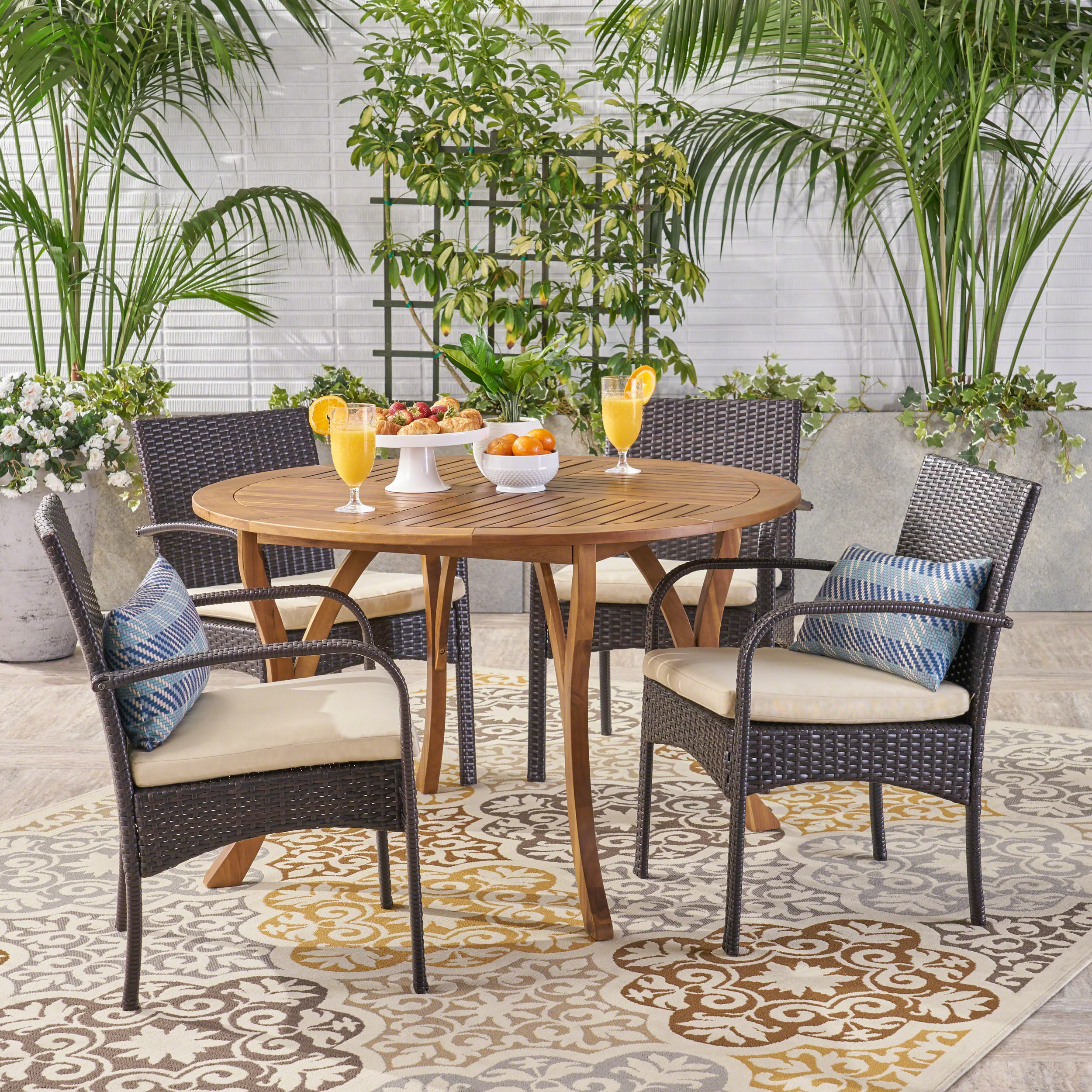 Jaden Outdoor 5 Piece Acacia Wood and Wicker Dining Set - furnishings