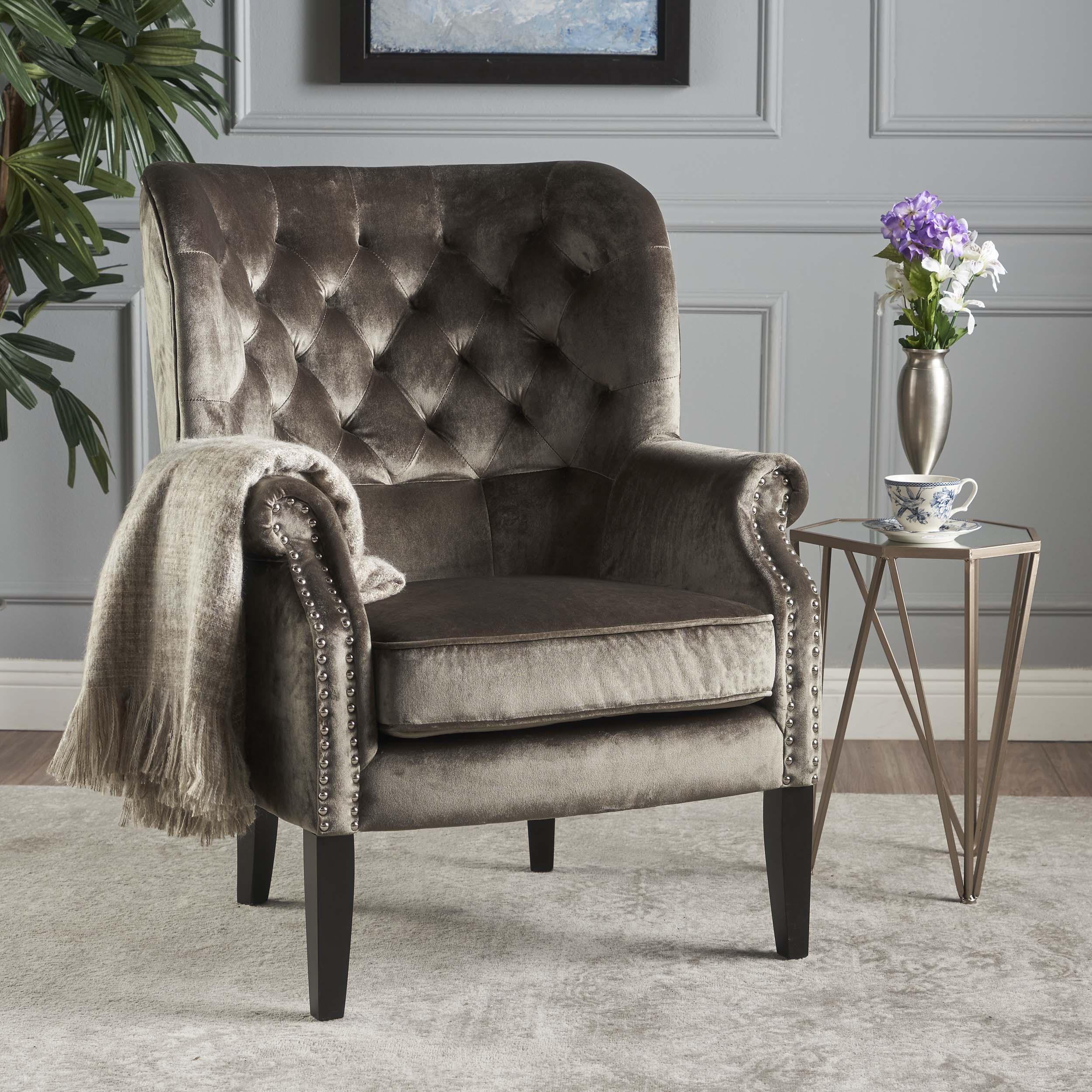 Tomlin Modern Glam Velvet Club Chair with Nailhead Trim - furnishings