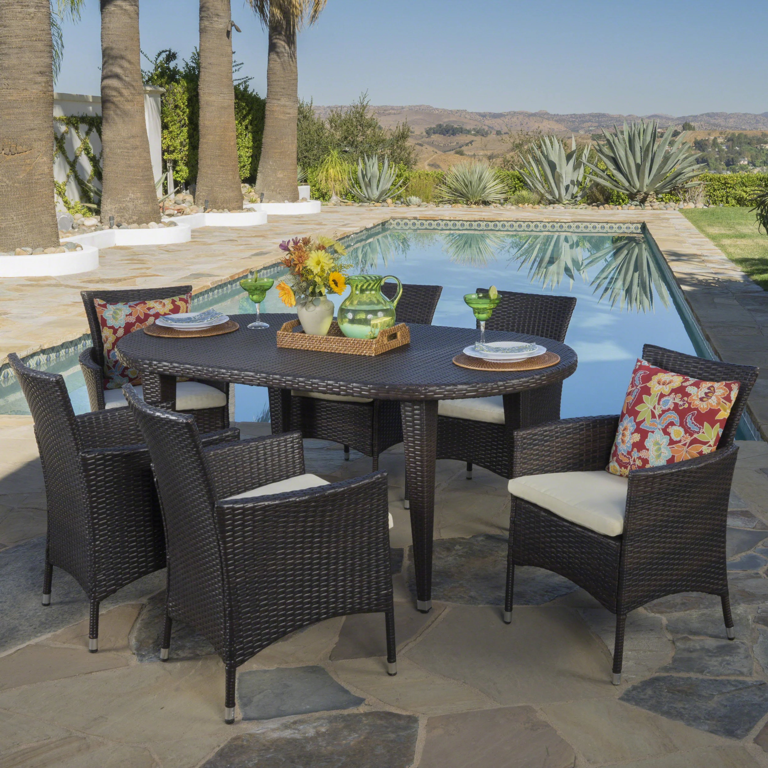 Vinne Outdoor 7 Piece Multi-brown Wicker Oval Dining Set - furnishings