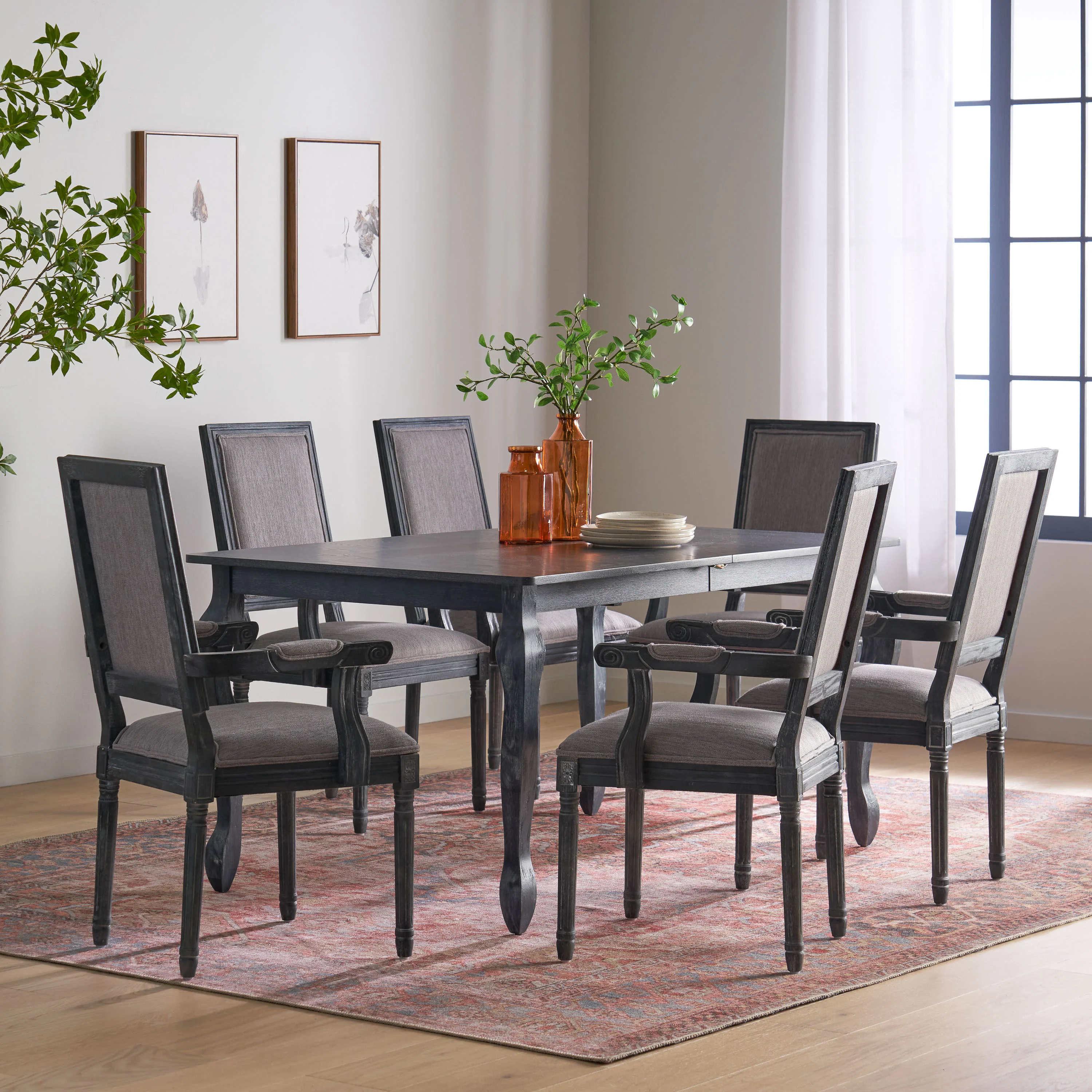 Regan French Country Fabric Upholstered Wood Expandable 7 Piece Dining Set - furnishings