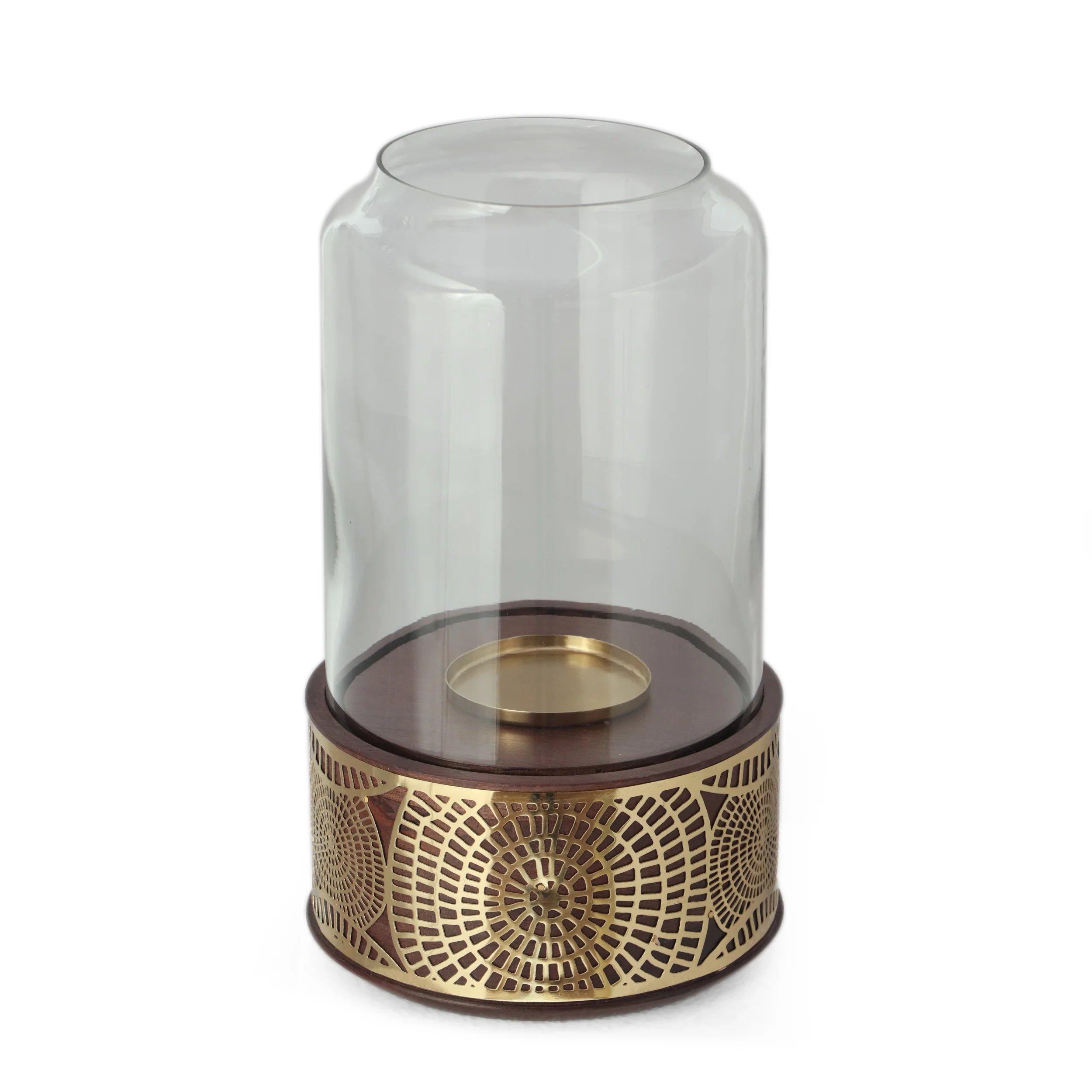 Rivet Boho Handcrafted Mango Wood Hurricane Candle Holder, Natural and Nickel - furnishings