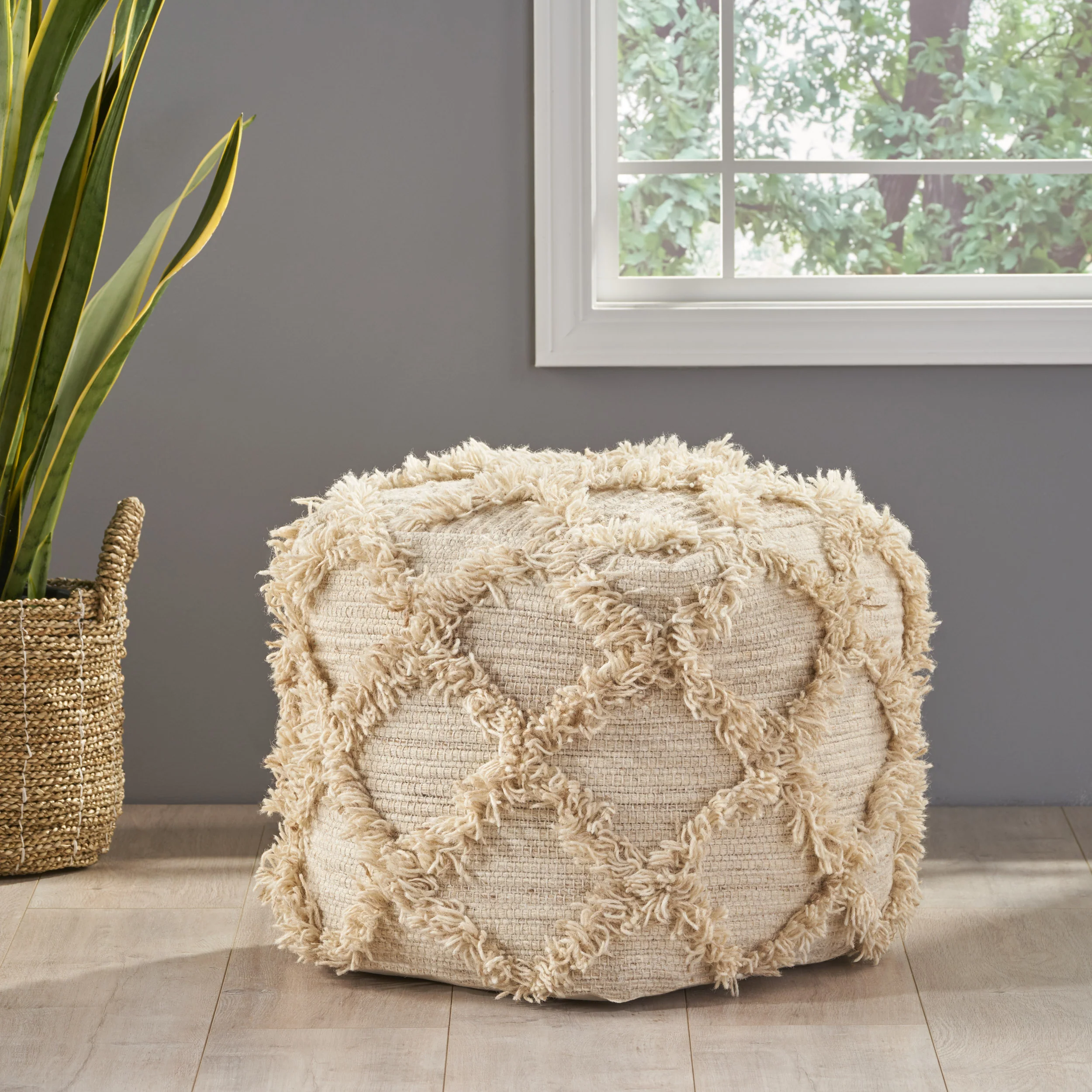 Viraj Boho Artisan Hand Woven Wool and Cotton Cube Pouf - furnishings