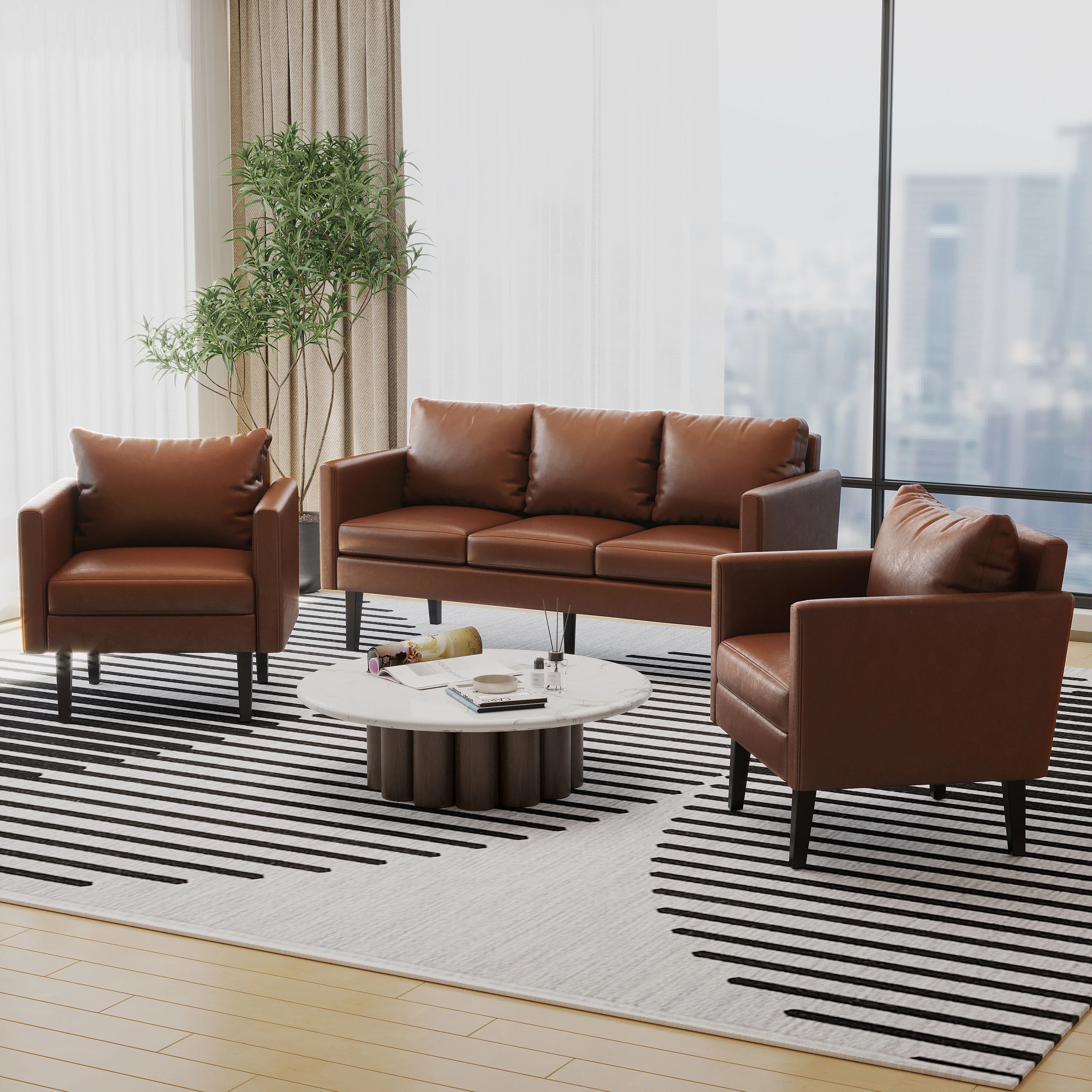 Dowd Mid Century Modern Faux Leather 3 Piece Living Room Sofa Set - furnishings