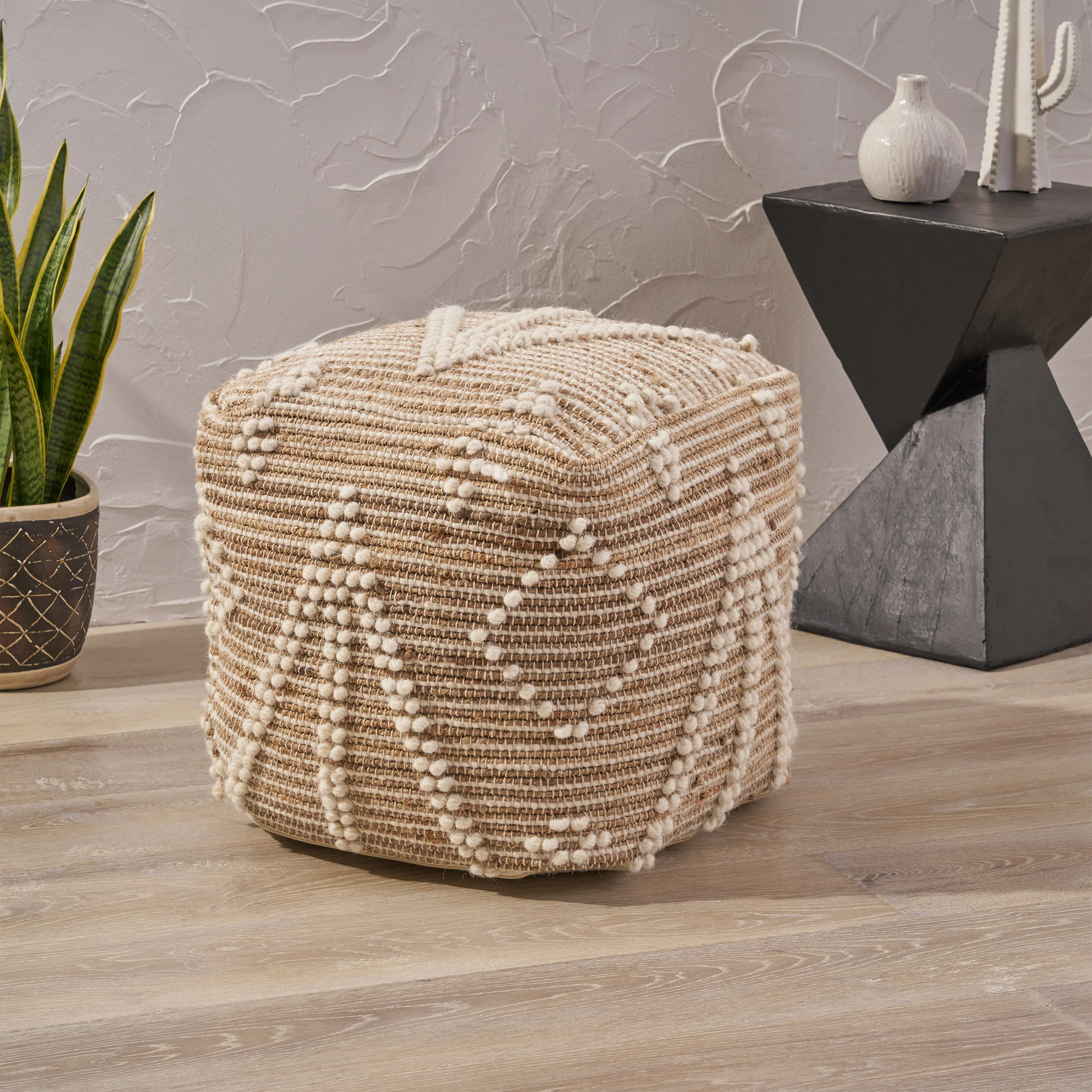 Khalila Boho Wool and Cotton Ottoman Pouf - furnishings