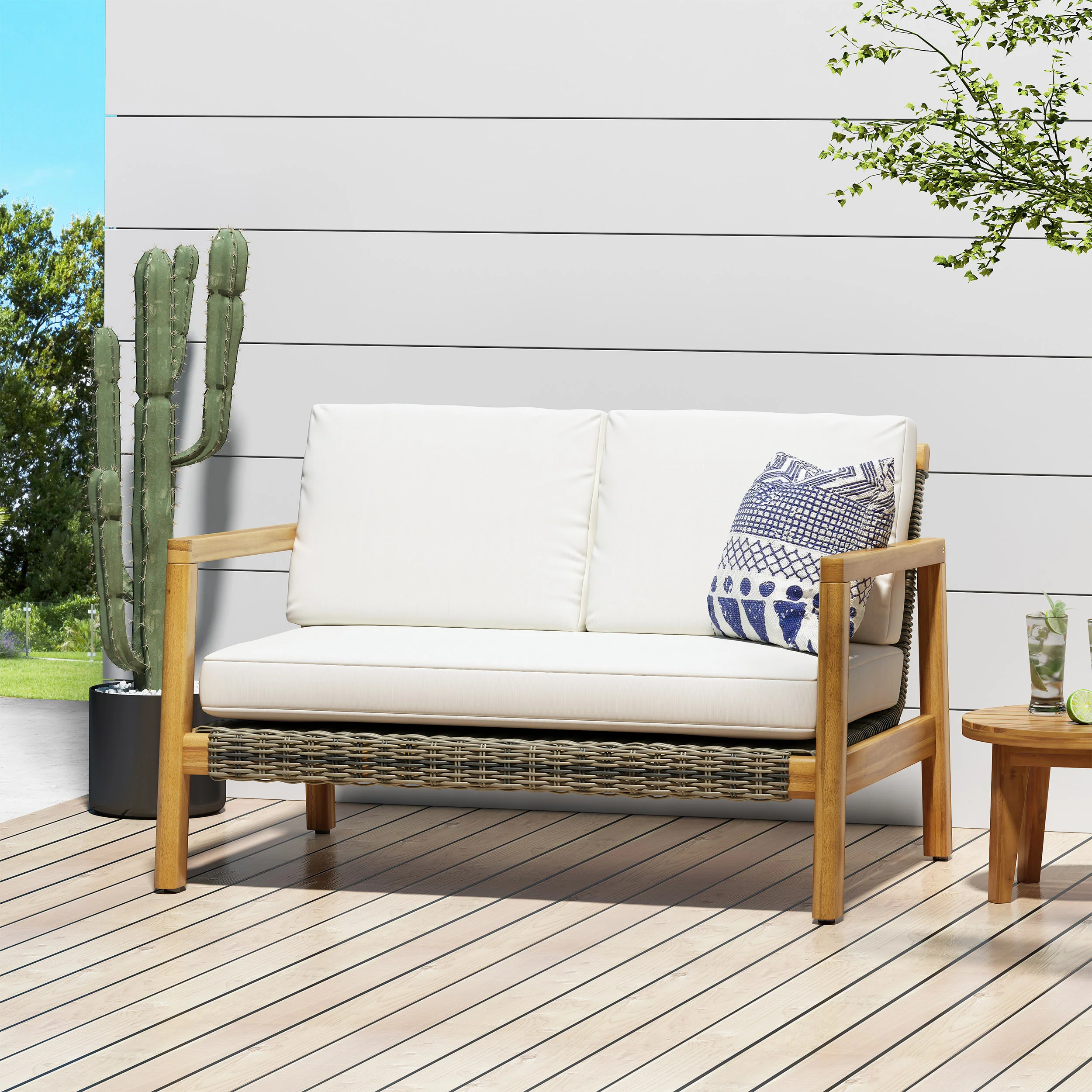 Kedan Outdoor Acacia Wood Loveseat with Wicker Accents - furnishings