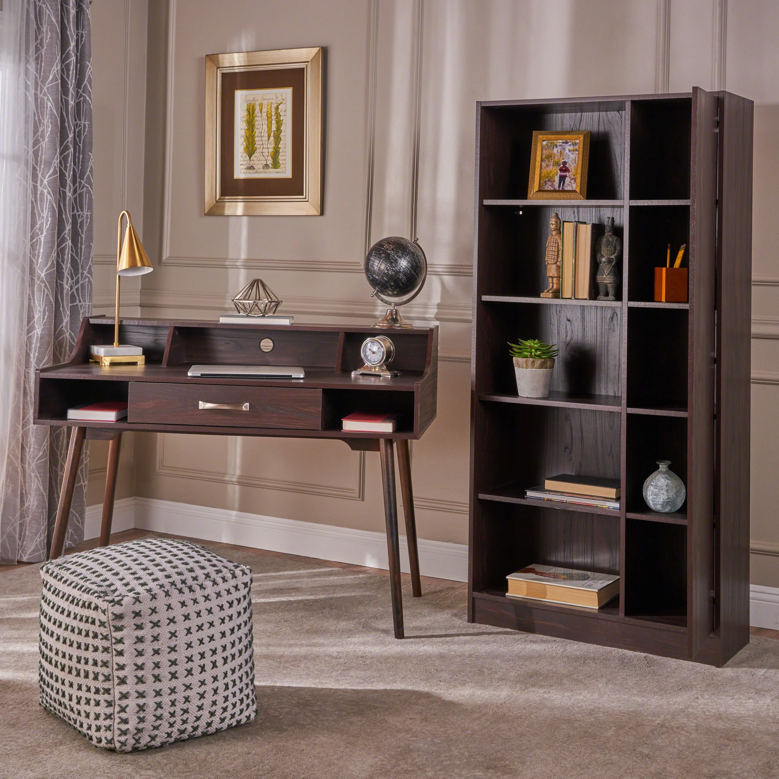 Belinda Mid Century Modern Office Desk And Bookcase Set - furnishings