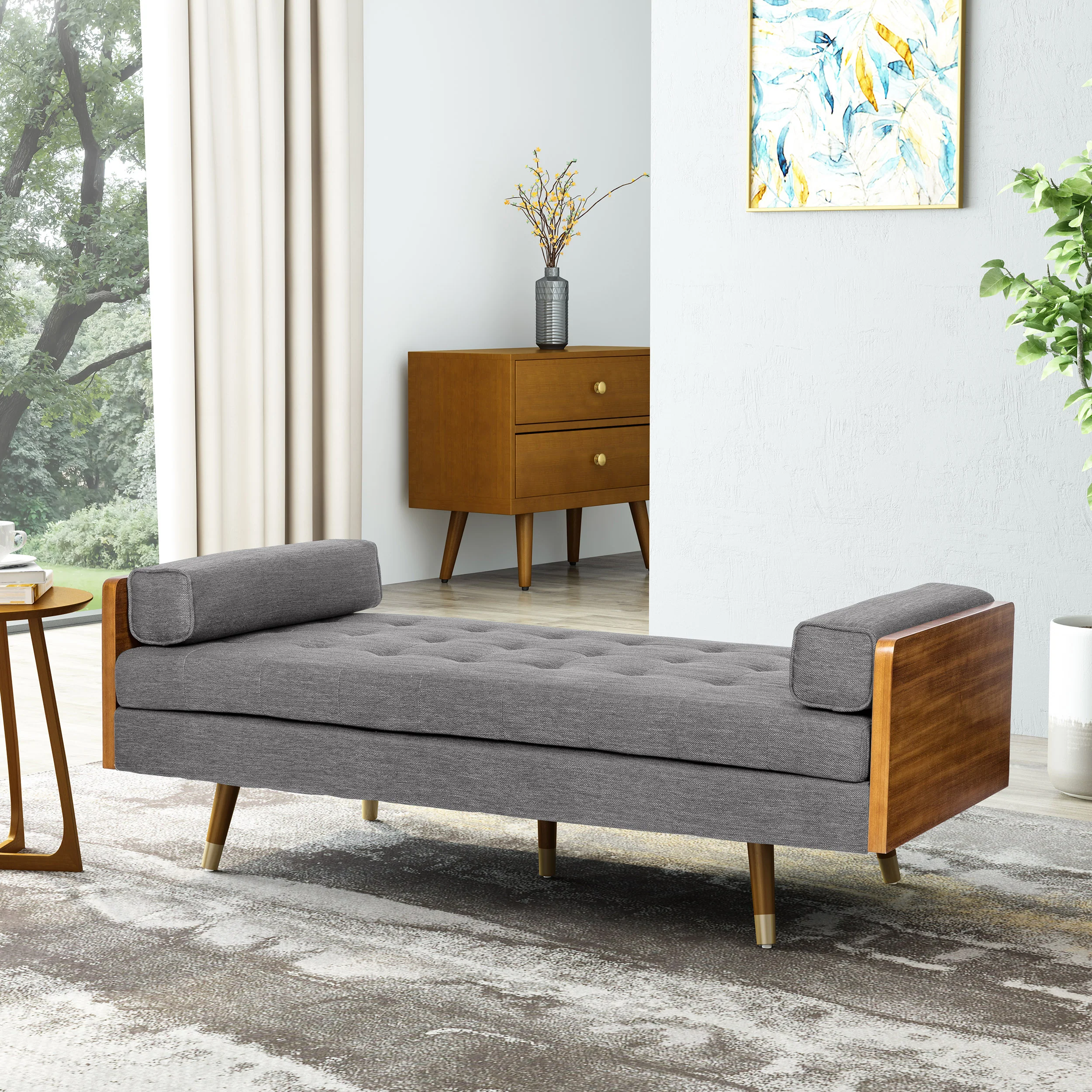 Tiltonsville Mid-Century Modern Tufted Double End Chaise Lounge with Bolster Pillows - furnishings