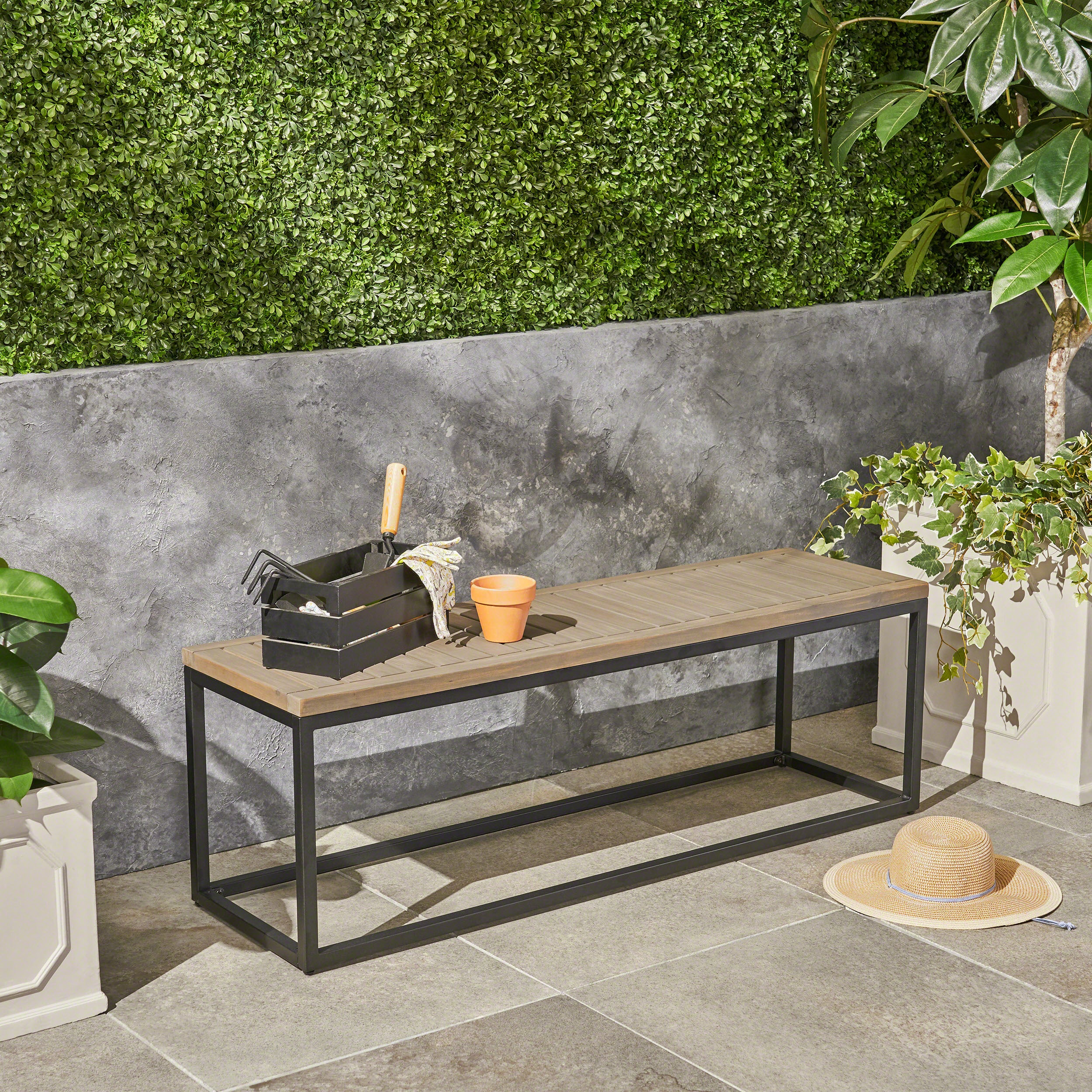 Drew Outdoor Industrial Acacia Wood and Iron Bench - furnishings