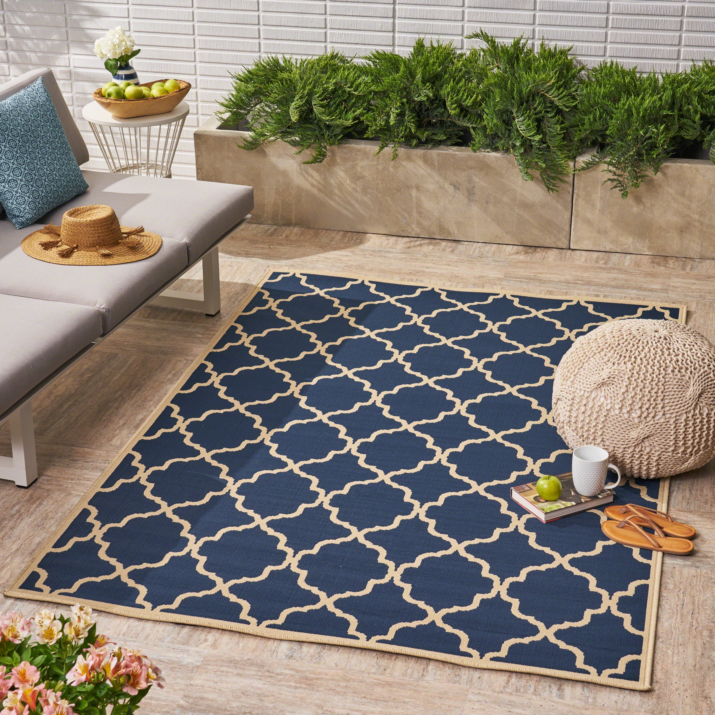 Hazel Outdoor Modern Navy Blue Area Rug with Ivory Quatrefoil Pattern - furnishings