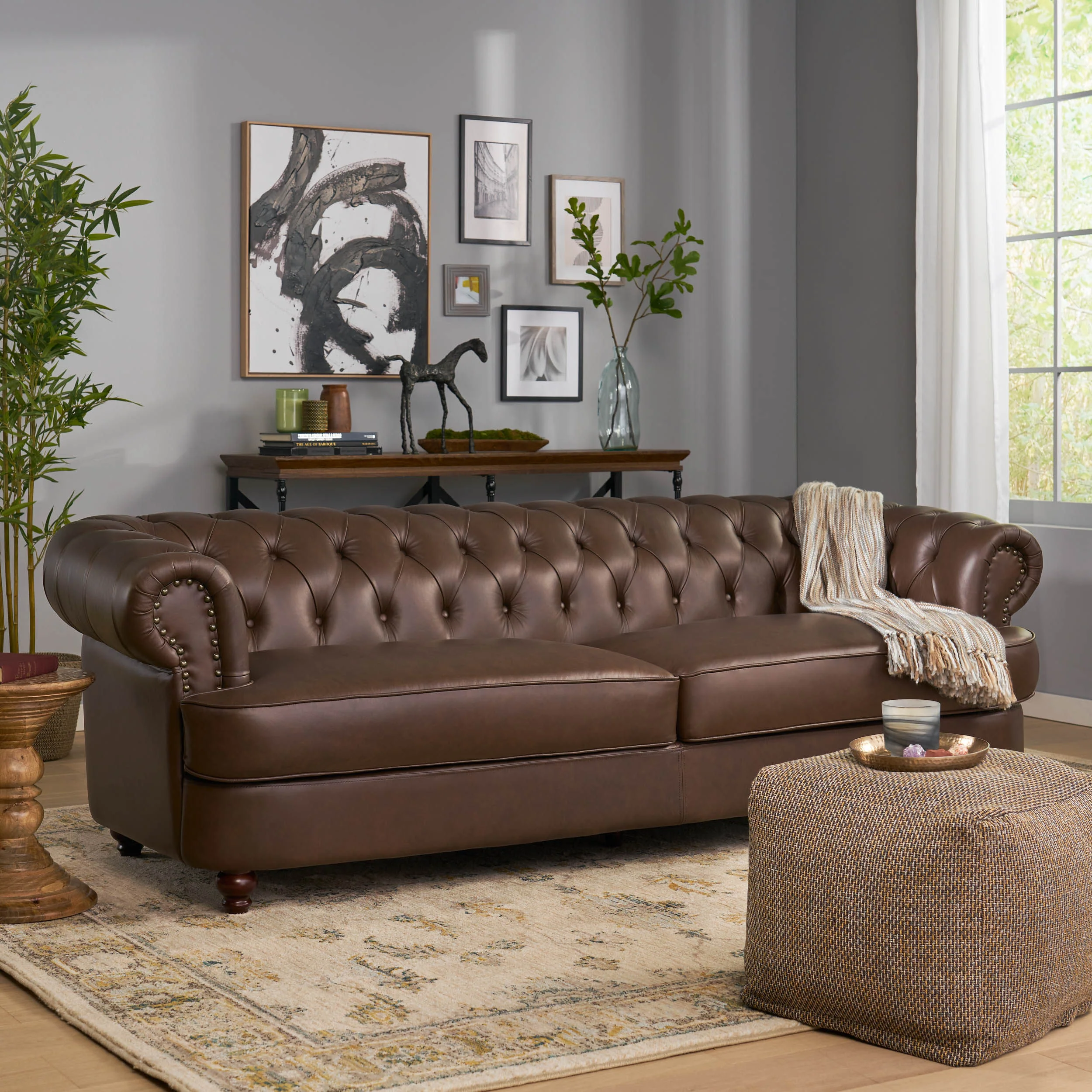 Saley Contemporary Leather Tufted 3 Seater Sofa with Nailhead Trim - furnishings