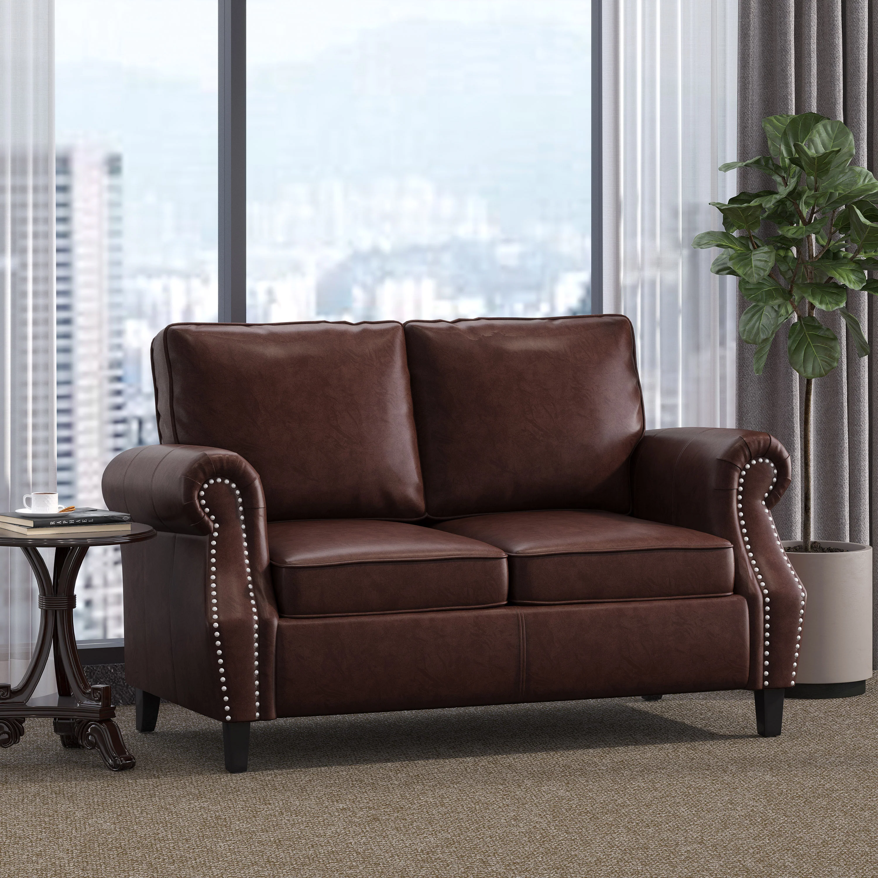 Pochelon Contemporary Faux Leather Loveseat with Nailhead Trim - furnishings