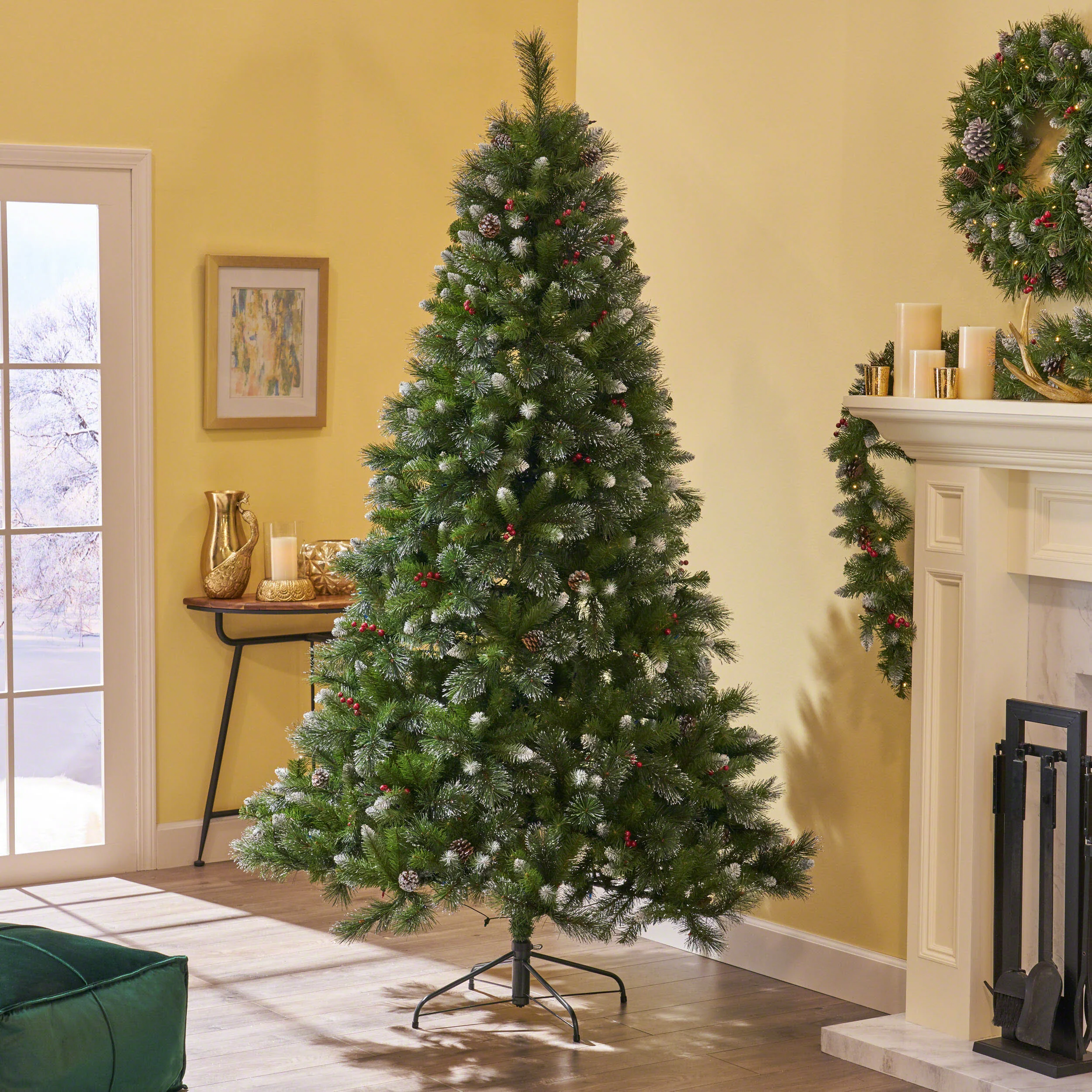 9-foot Mixed Spruce Hinged Artificial Christmas Tree with Glitter Branches, Red Berries, and Pinecones - furnishings