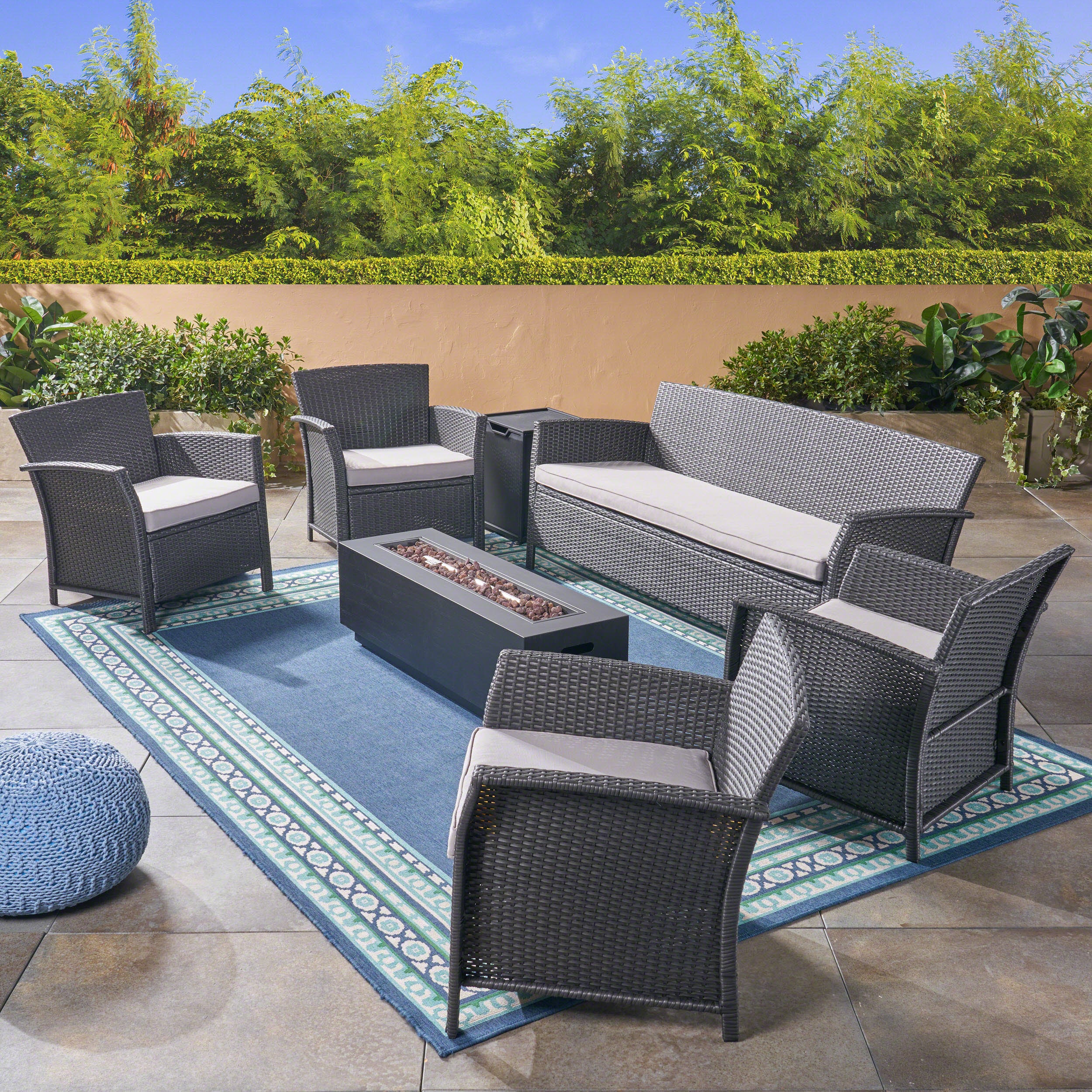 Mason Outdoor 7 Seater Wicker Chat Set with Fire Pit, Gray and Silver and Dark Gray - furnishings