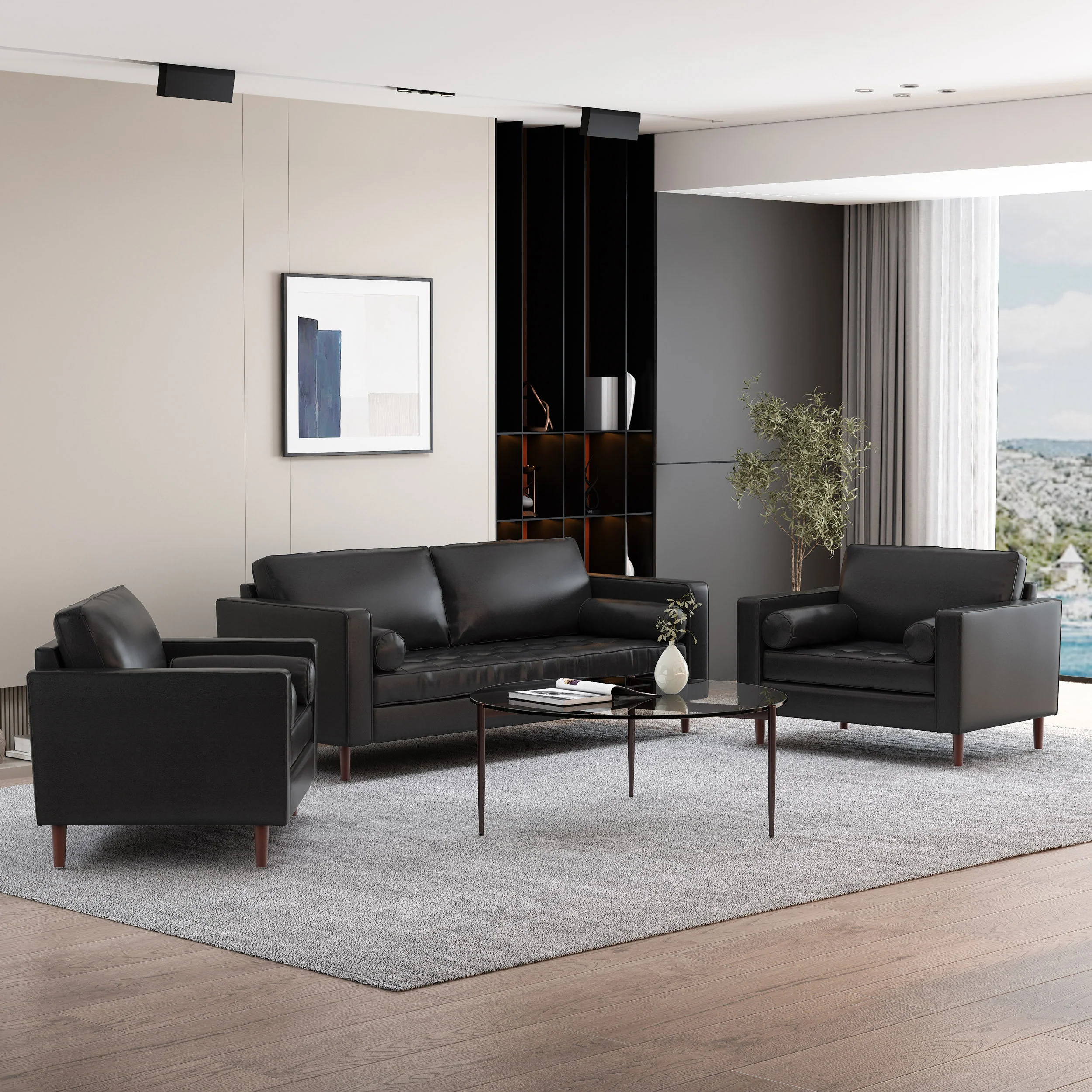 Hixon Contemporary Faux Leather Tufted 3 Piece Sofa and Club Chair Set - furnishings