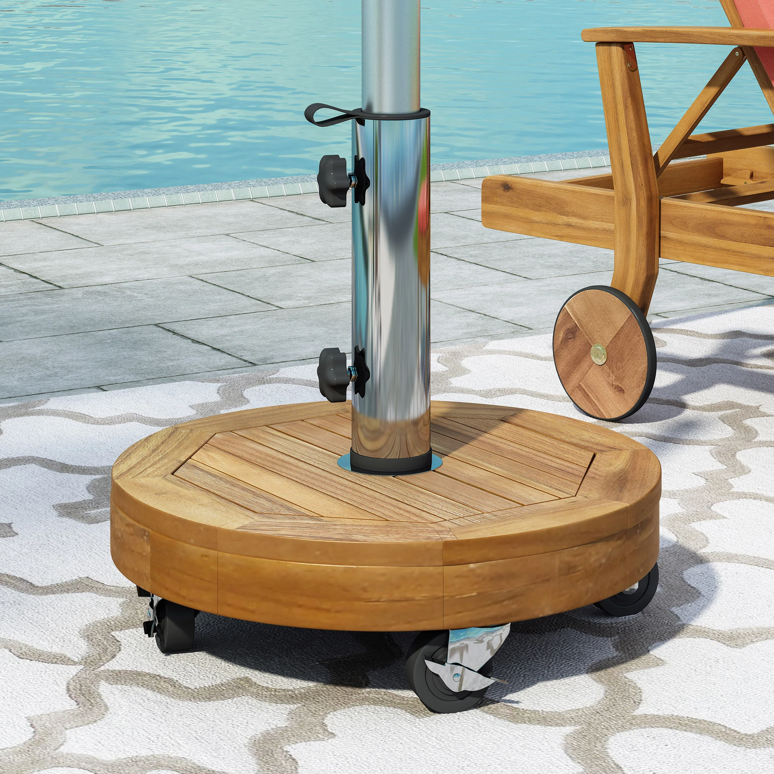 Bucy Outdoor 33lb Acacia Wood Circular Umbrella Base with Stainless Steel Tube, Teak - furnishings