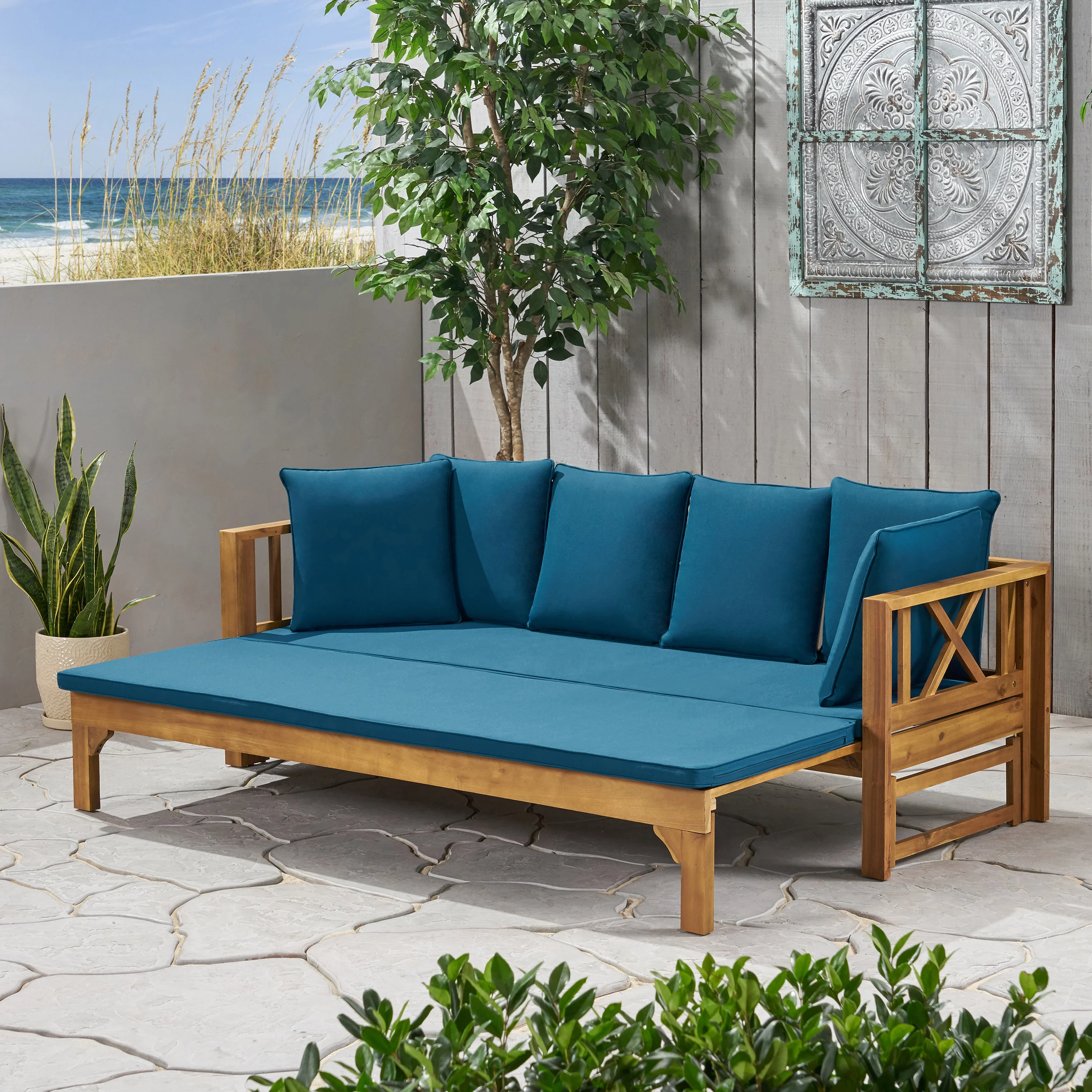 Camille Outdoor Extendable Acacia Wood Daybed Sofa - furnishings