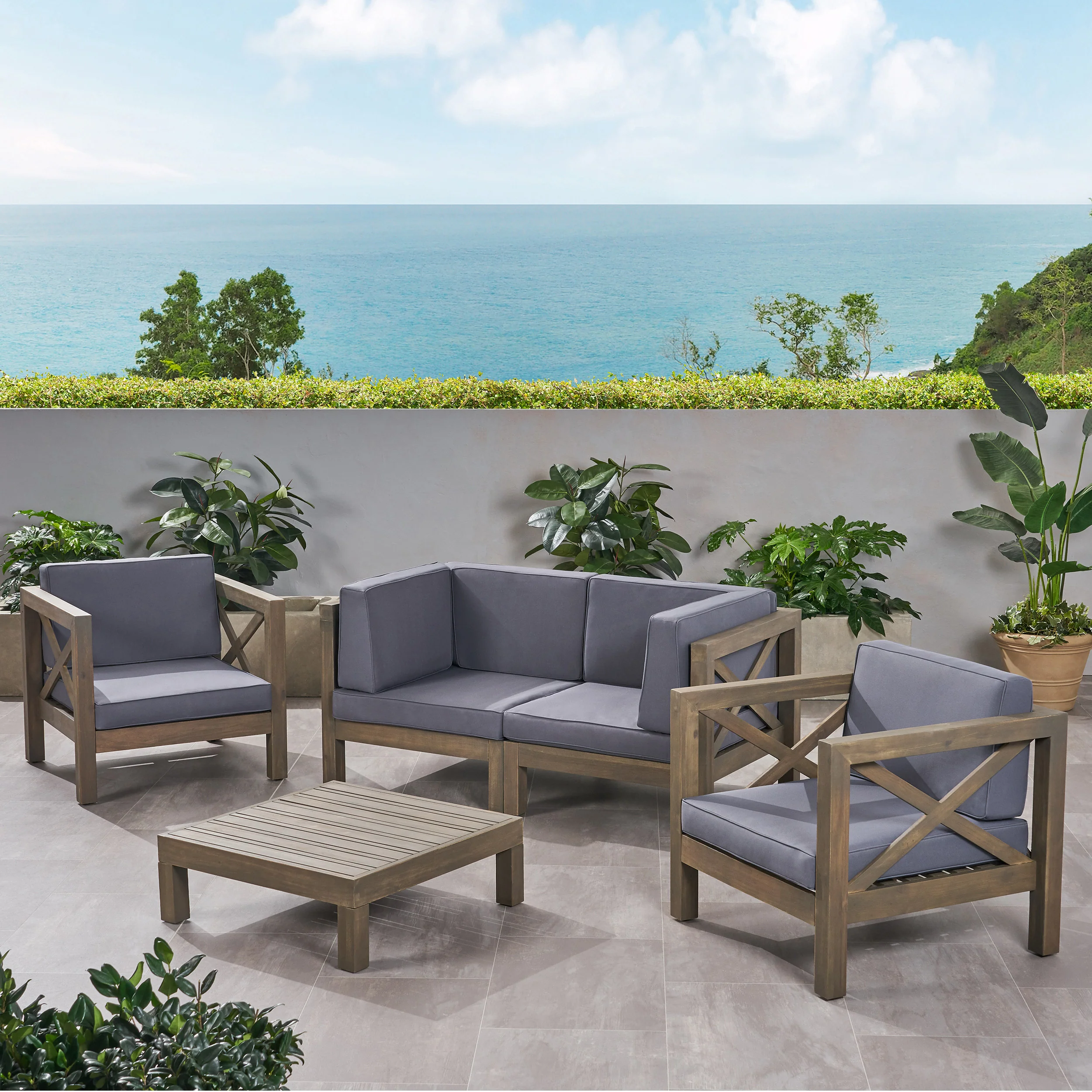 Morgan Outdoor 4 Seater Acacia Wood Loveseat Chat Set - furnishings
