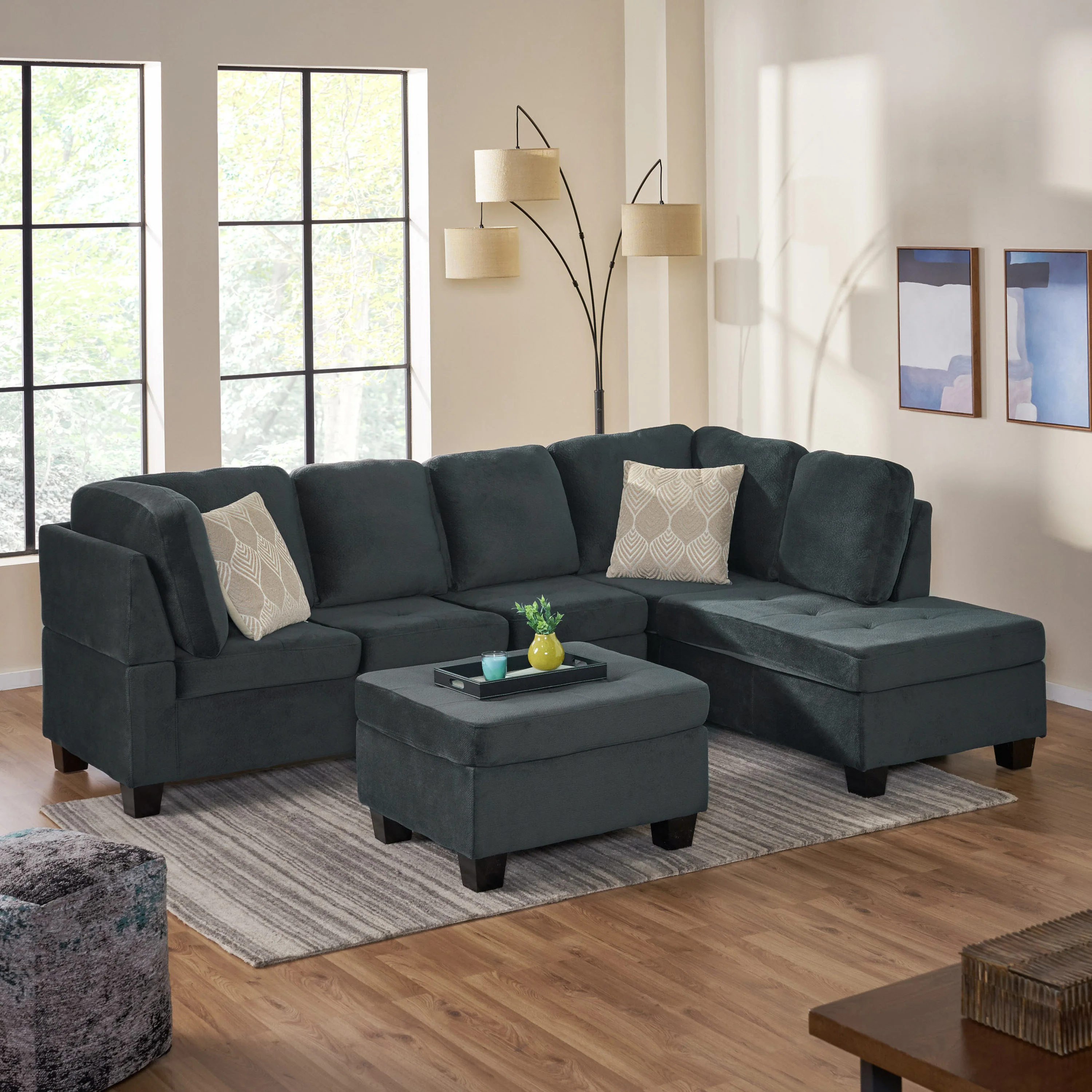 Gotham 3-piece Charcoal Fabric Sectional Sofa Set - furnishings
