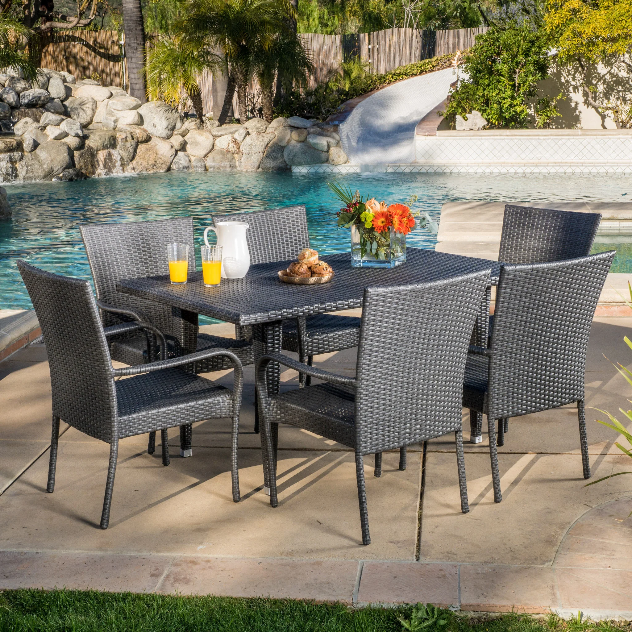 Antonio Outdoor 7-piece Grey Wicker Dining Set - furnishings