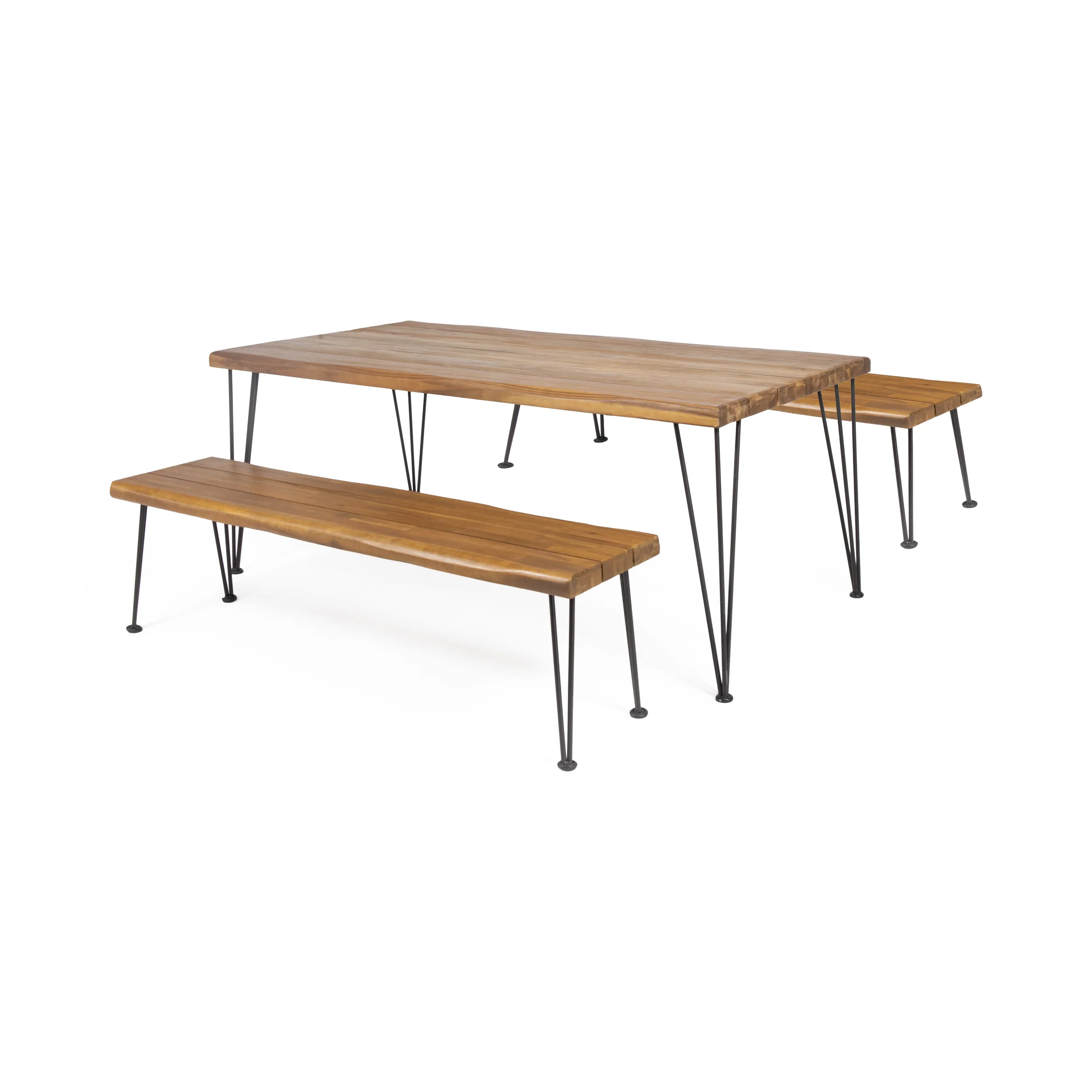 Zephyra Outdoor Modern Industrial 3 Piece Acacia Wood Picnic Dining Set with Metal Hairpin Legs - furnishings