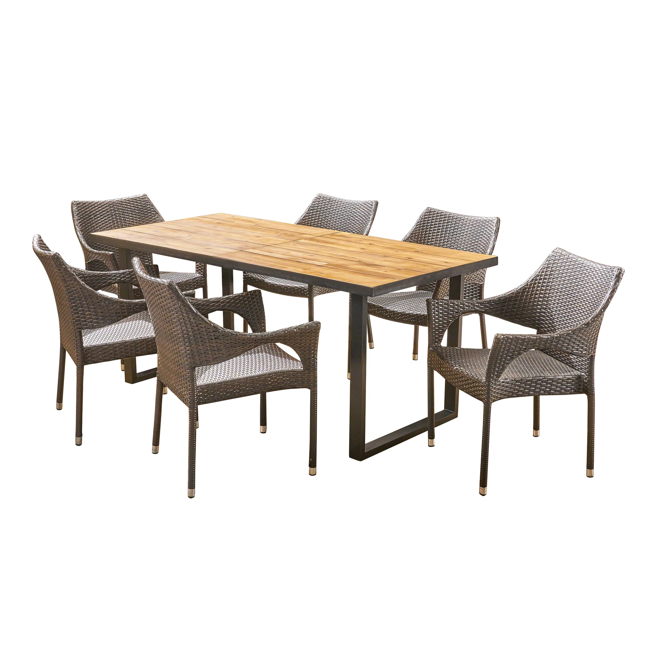 Indira Outdoor 6-Seater Rectangular Acacia Wood and Wicker Dining Set, Teak with Black and Multi Brown - furnishings