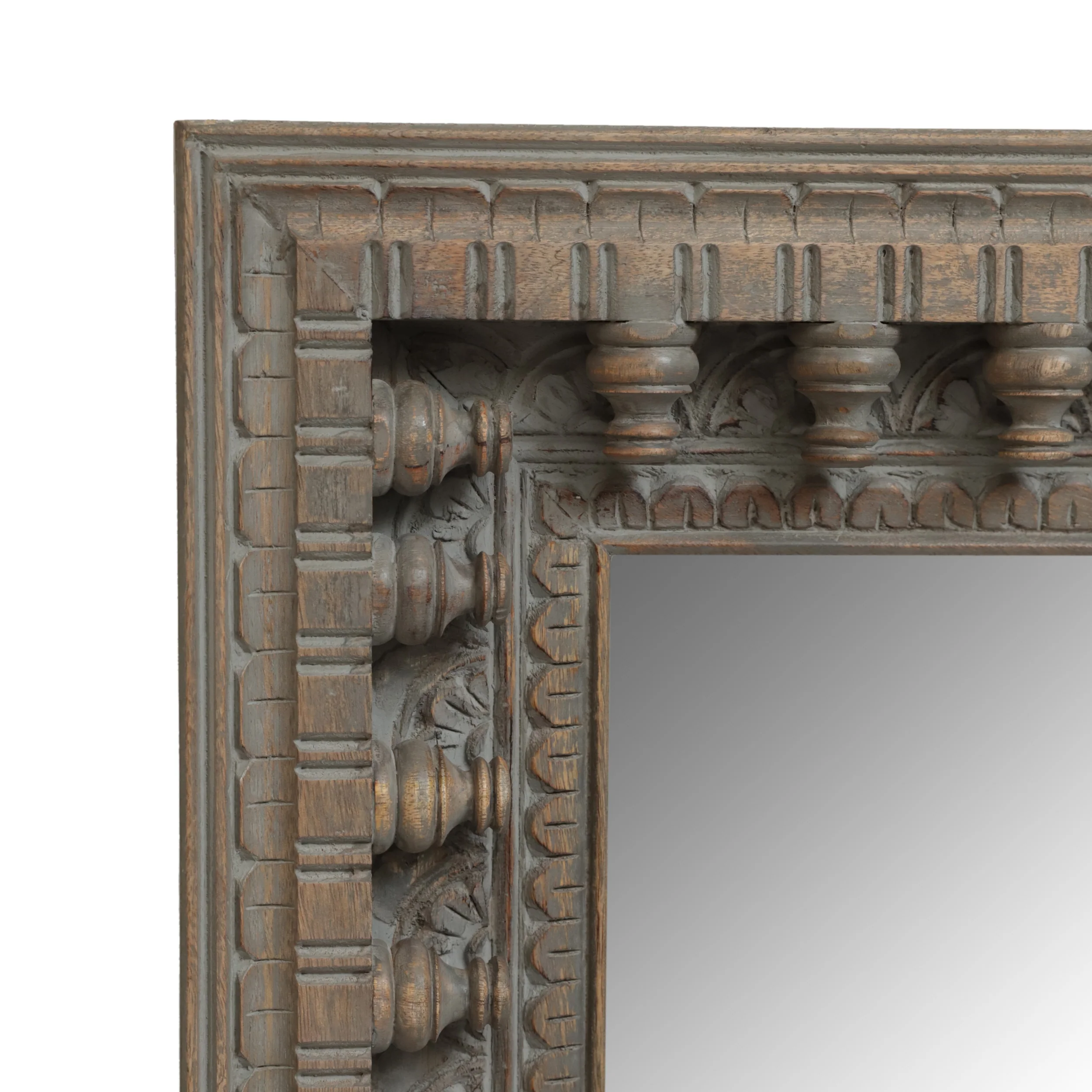 Finn Boho Handcrafted Mango Wood Carved Hanging Floor Mirror, Distressed Gray - furnishings