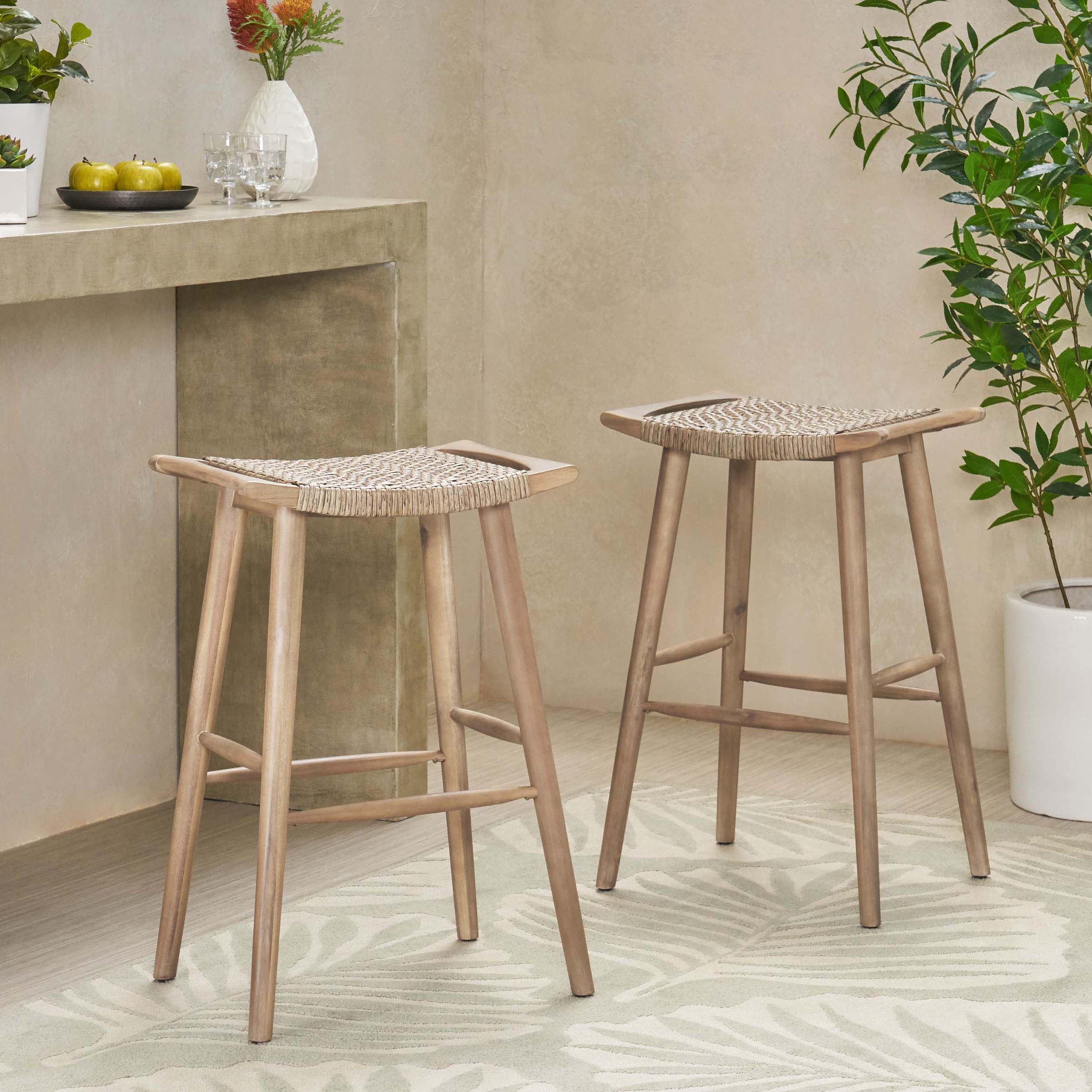 Dade Pulaski Outdoor Acacia Wood Barstool with Wicker, Set of 2 - furnishings