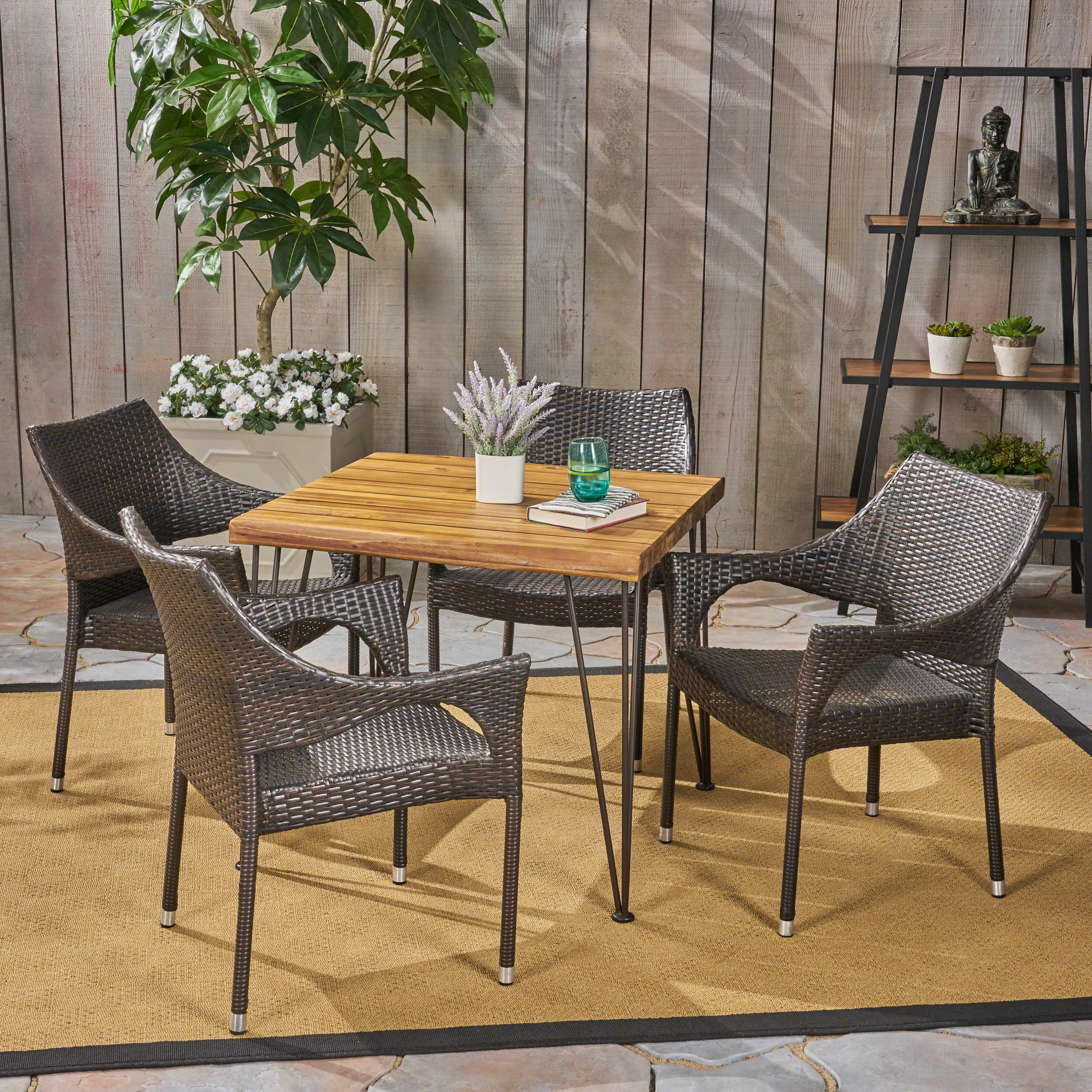 Northside Outdoor Farmhouse Wood and Wicker 5 Piece Square Dining Set, Teak and Multi Brown - furnishings