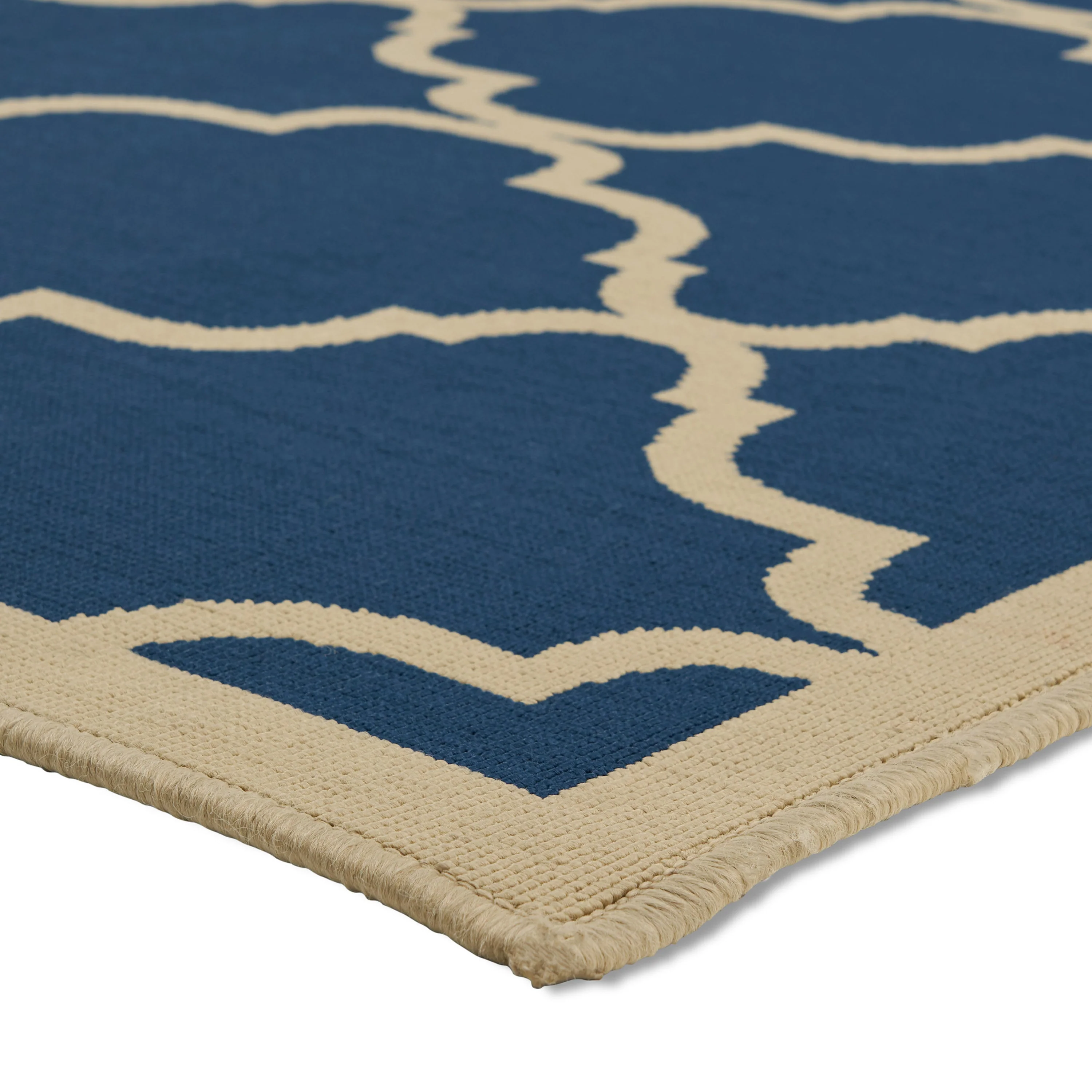 Hazel Outdoor Modern Navy Blue Area Rug with Ivory Quatrefoil Pattern - furnishings