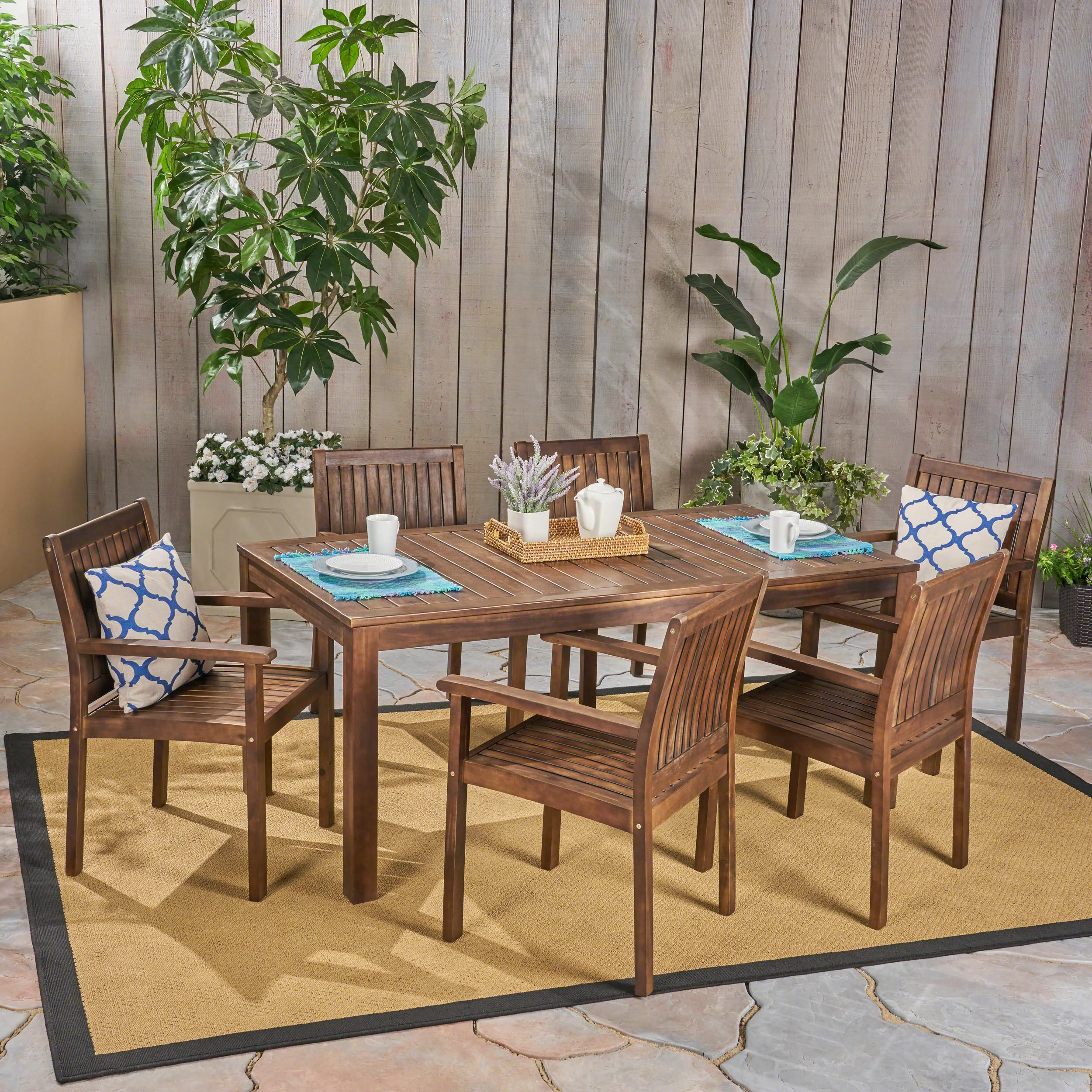 Odin Outdoor 7-Piece Acacia Wood Dining Set, Dark Brown - furnishings