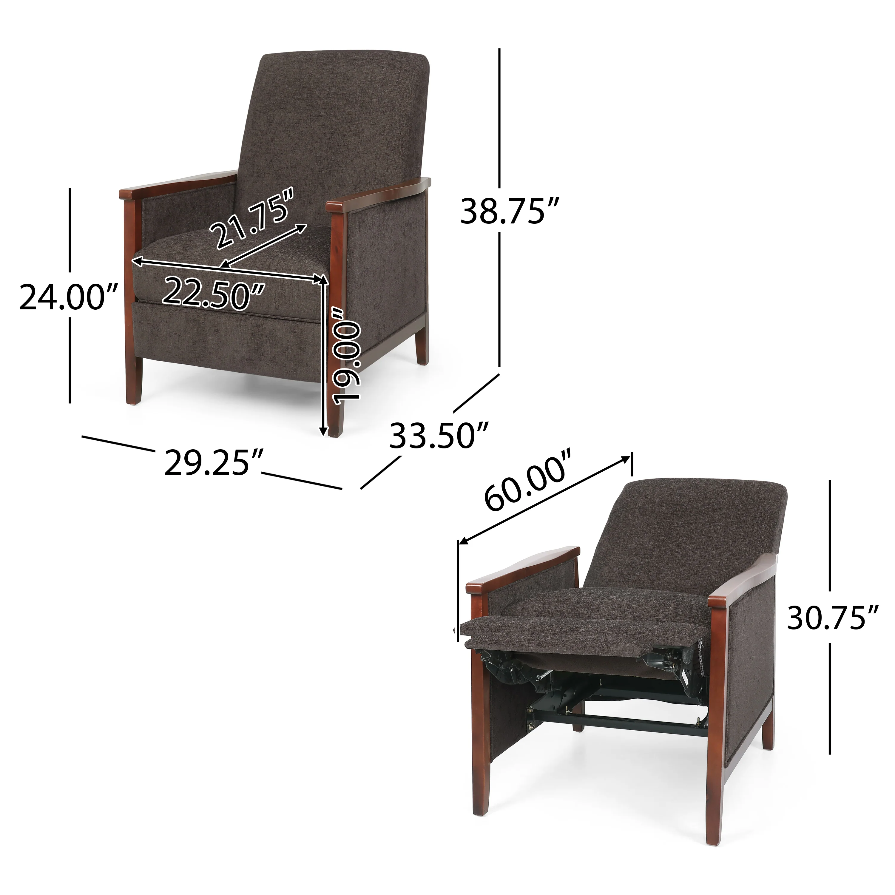 Ambleside Mid Century Modern Fabric Upholstered Wood Pushback Recliner - furnishings