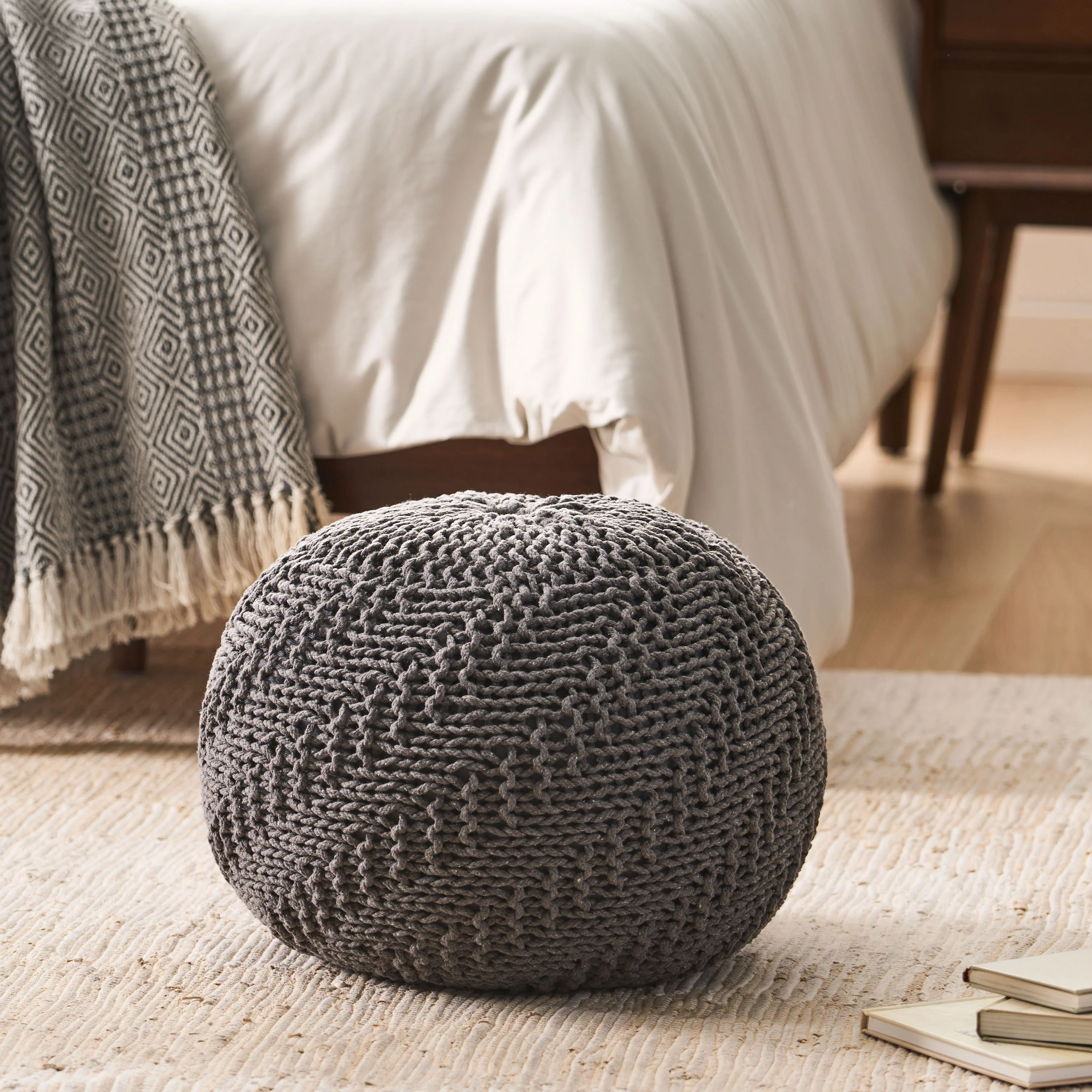 Flovilla Modern Knitted Cotton Round Pouf - furnishings