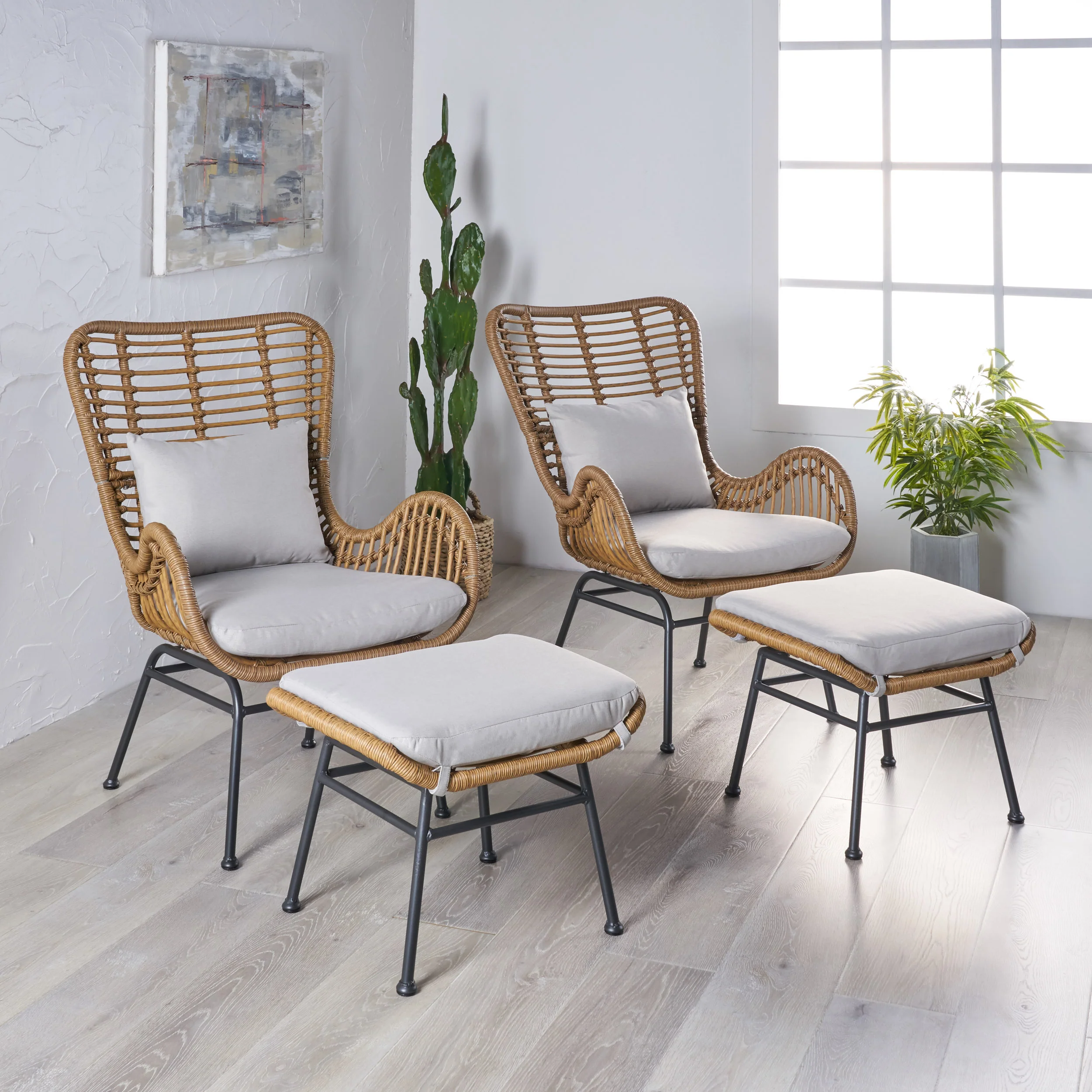 Izidro Indoor Boho Modern Wicker 4 Piece Club Chair and Ottoman Set - furnishings