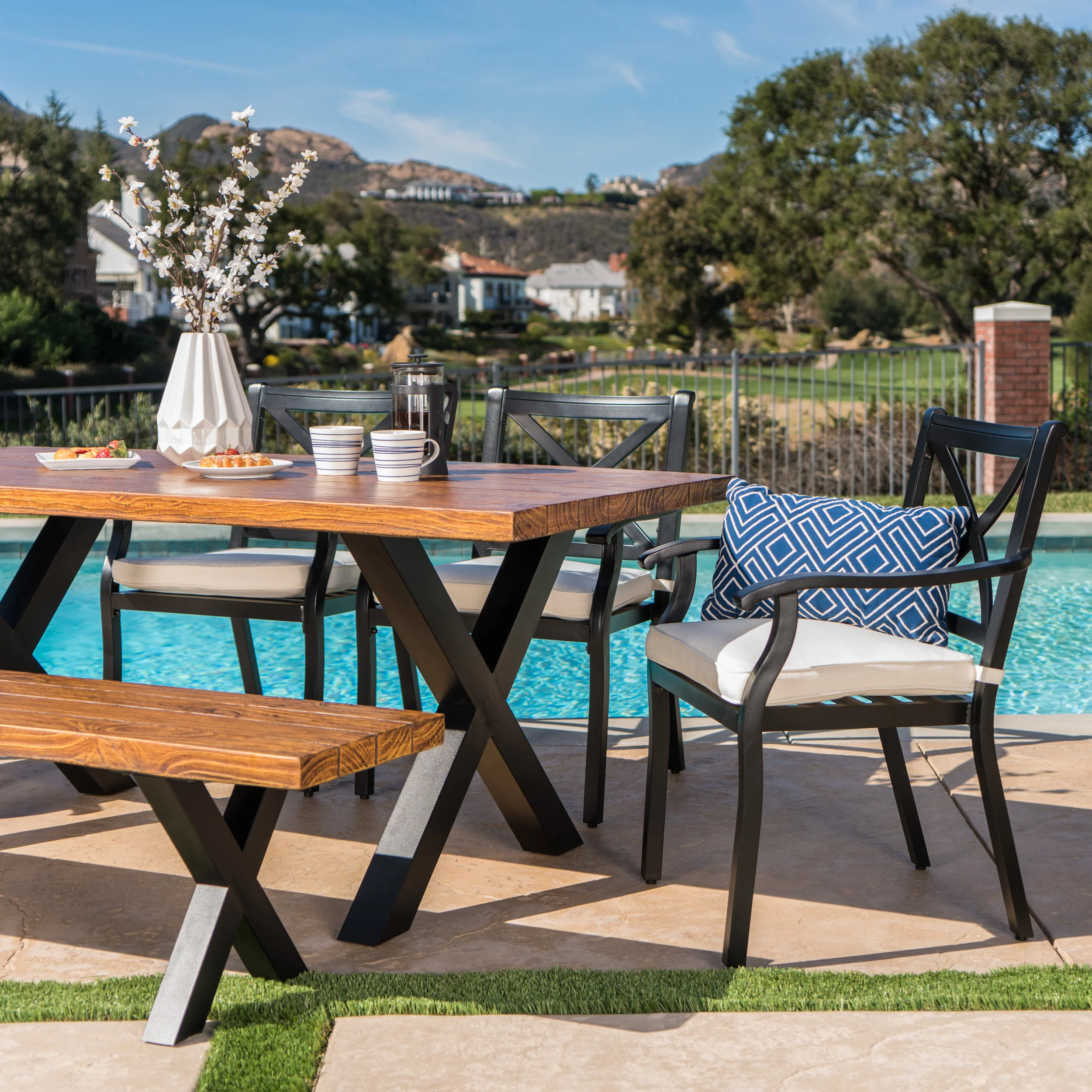 Sebastian Outdoor 6 Piece Aluminum Dining Set with Concrete Table and Bench - furnishings