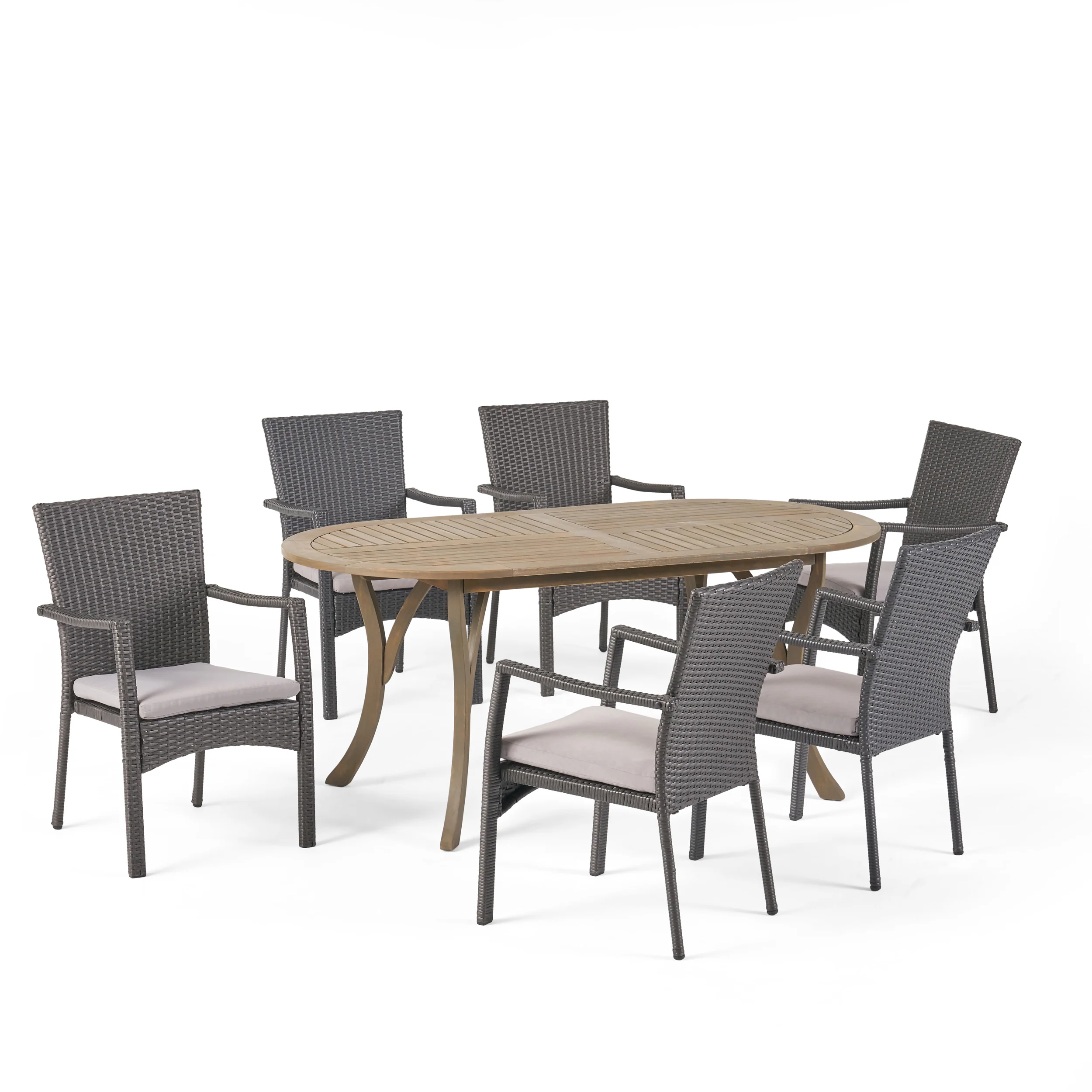 Dallas Outdoor 7 Piece Wood and Wicker Dining Set, Gray Finish and Gray - furnishings