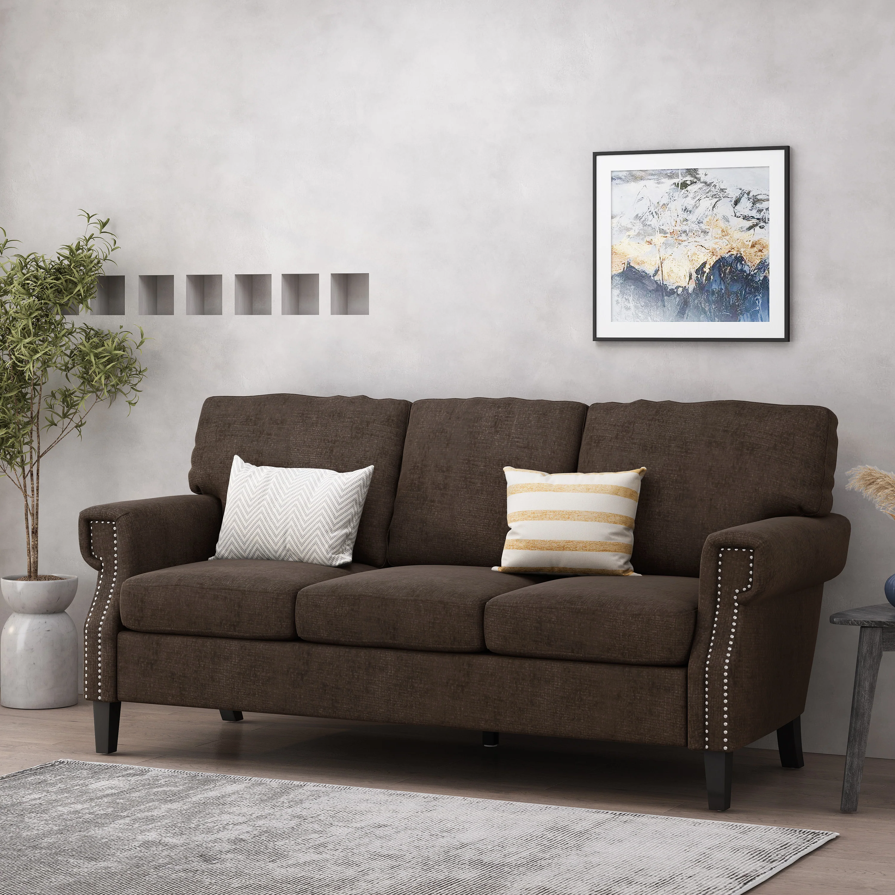 Dobles Contemporary Fabric 3 Seater Sofa with Nailhead Trim - furnishings