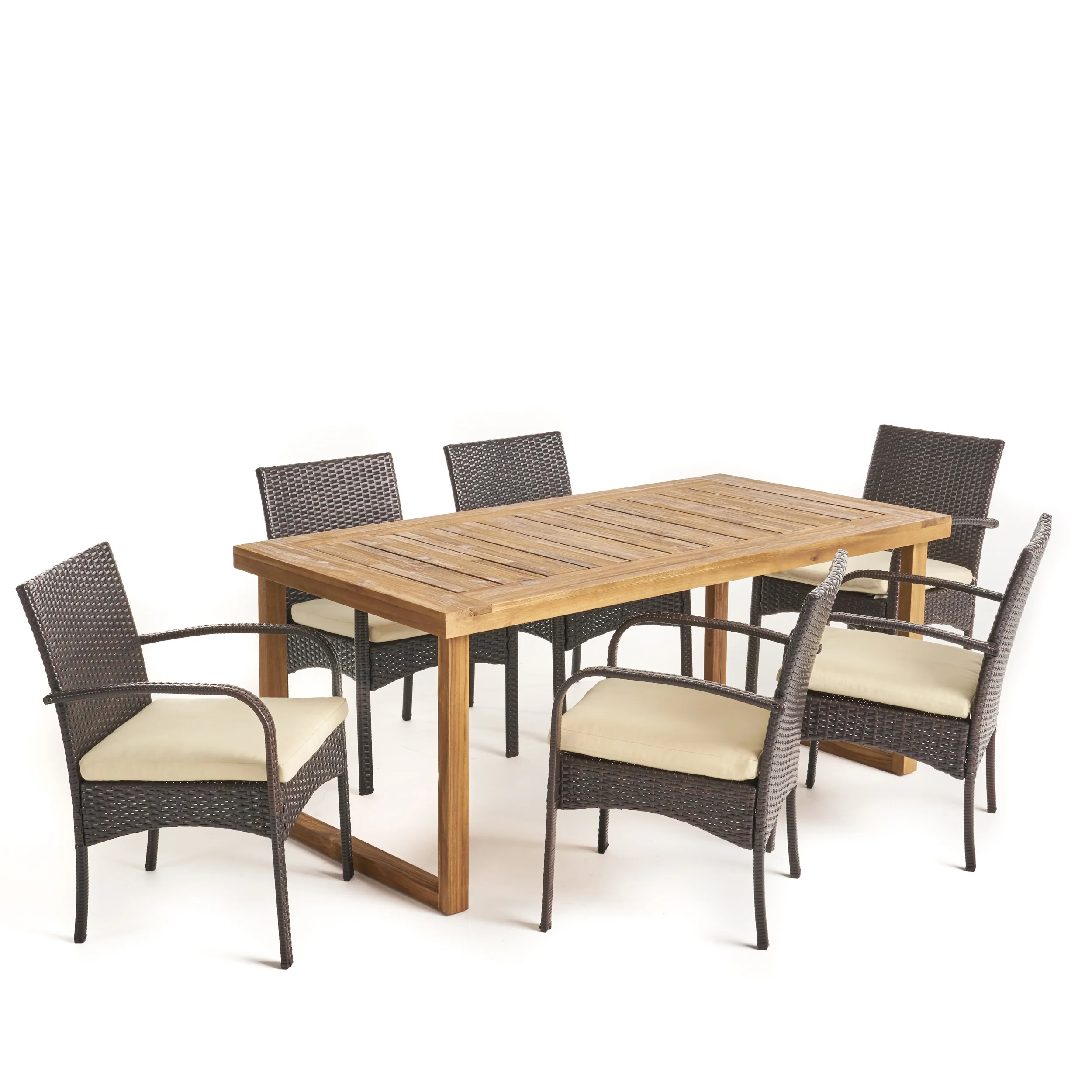 Camryn Outdoor 6-Seater Acacia Wood Dining Set with Wicker Chairs, Sandblast Natural Finish and Multi Brown and Cream - furnishings