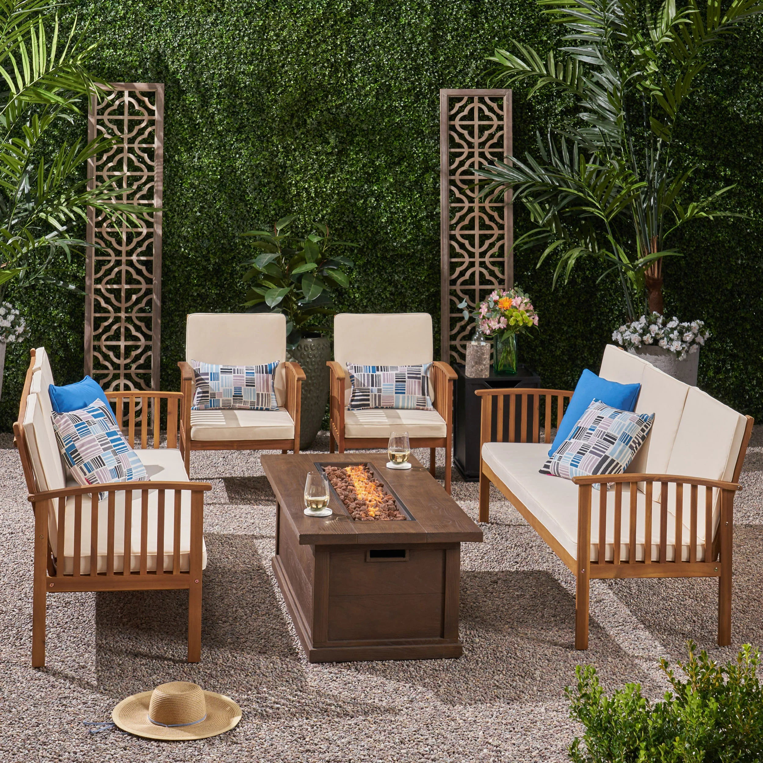 Karen Outdoor 6 Piece Acacia Wood Sofa Conversational Set with Fire Pit - furnishings