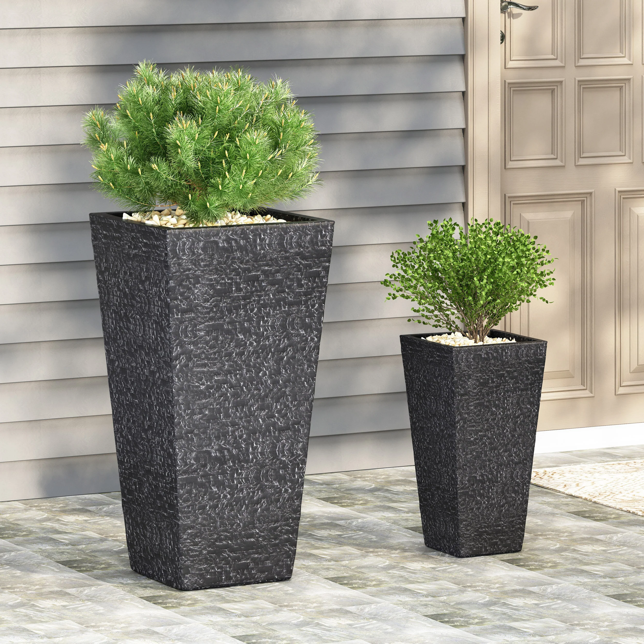 Tengren Outdoor Large and Small Cast Stone Planters, Set of 2, Gray - furnishings