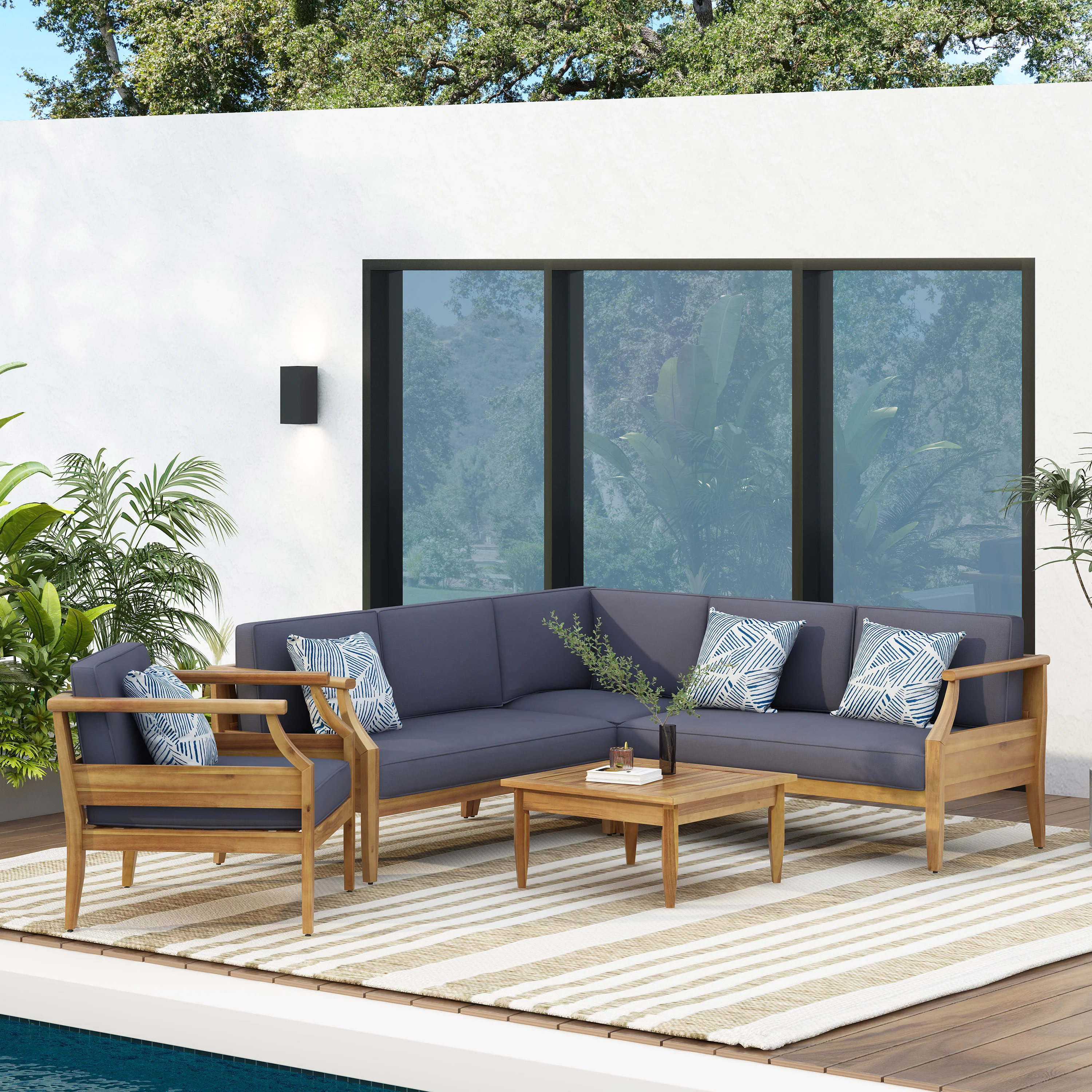 Bianca Outdoor Mid-Century Modern Acacia Wood 5 Seater Sectional Chat Set with Club Chair, Teak and Dark Gray - furnishings