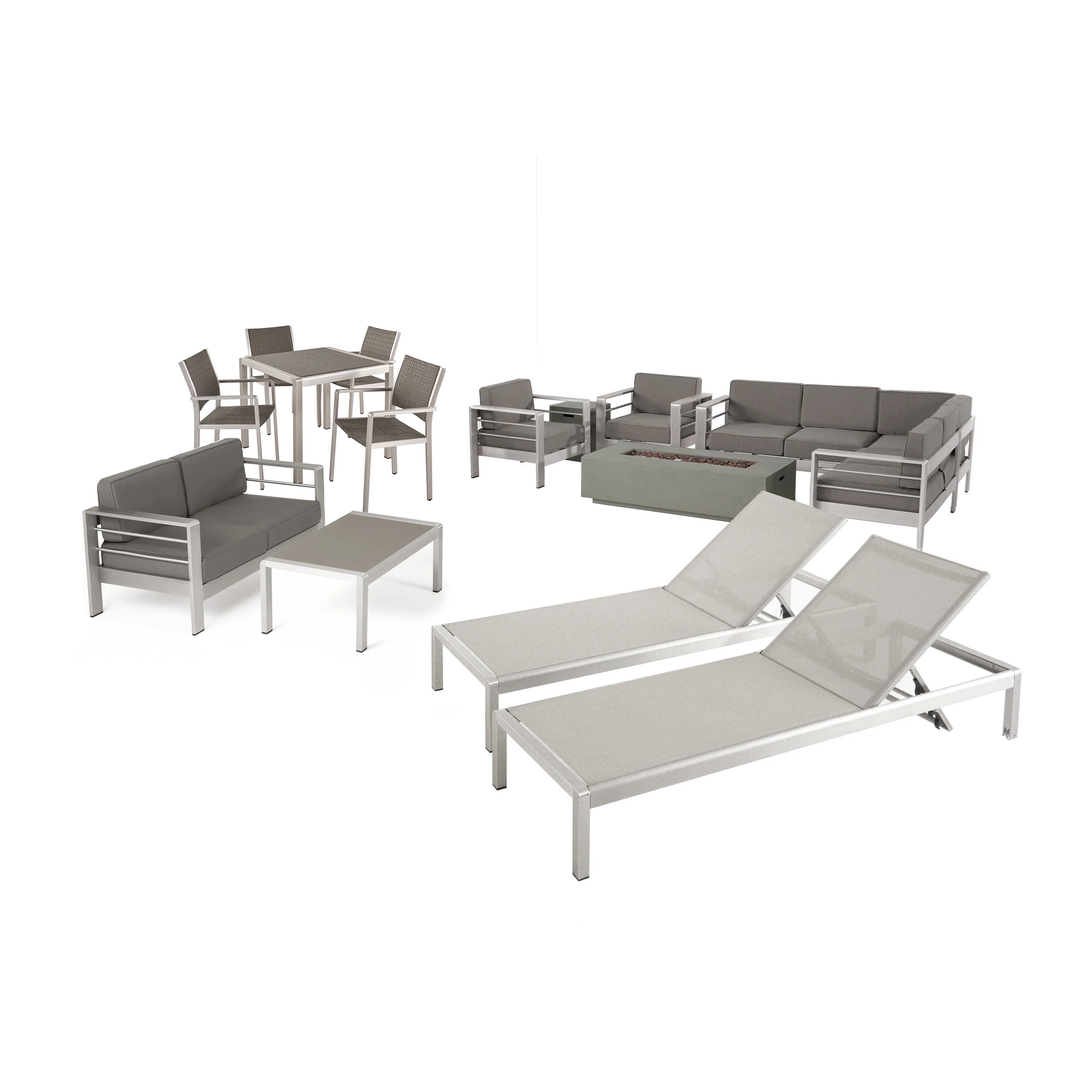 Cherie Outdoor 16 Piece Aluminum Estate Collection with Cushions and Fire Pit - furnishings
