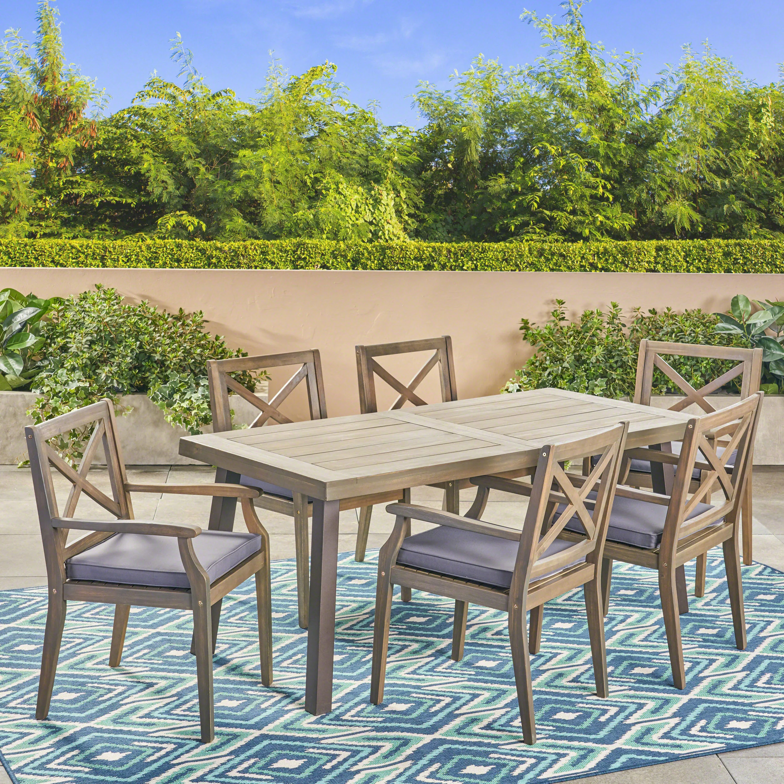 Justin Outdoor Farmhouse Slat-Top 7 Piece Acacia Wood Dining Set with Cushions - furnishings