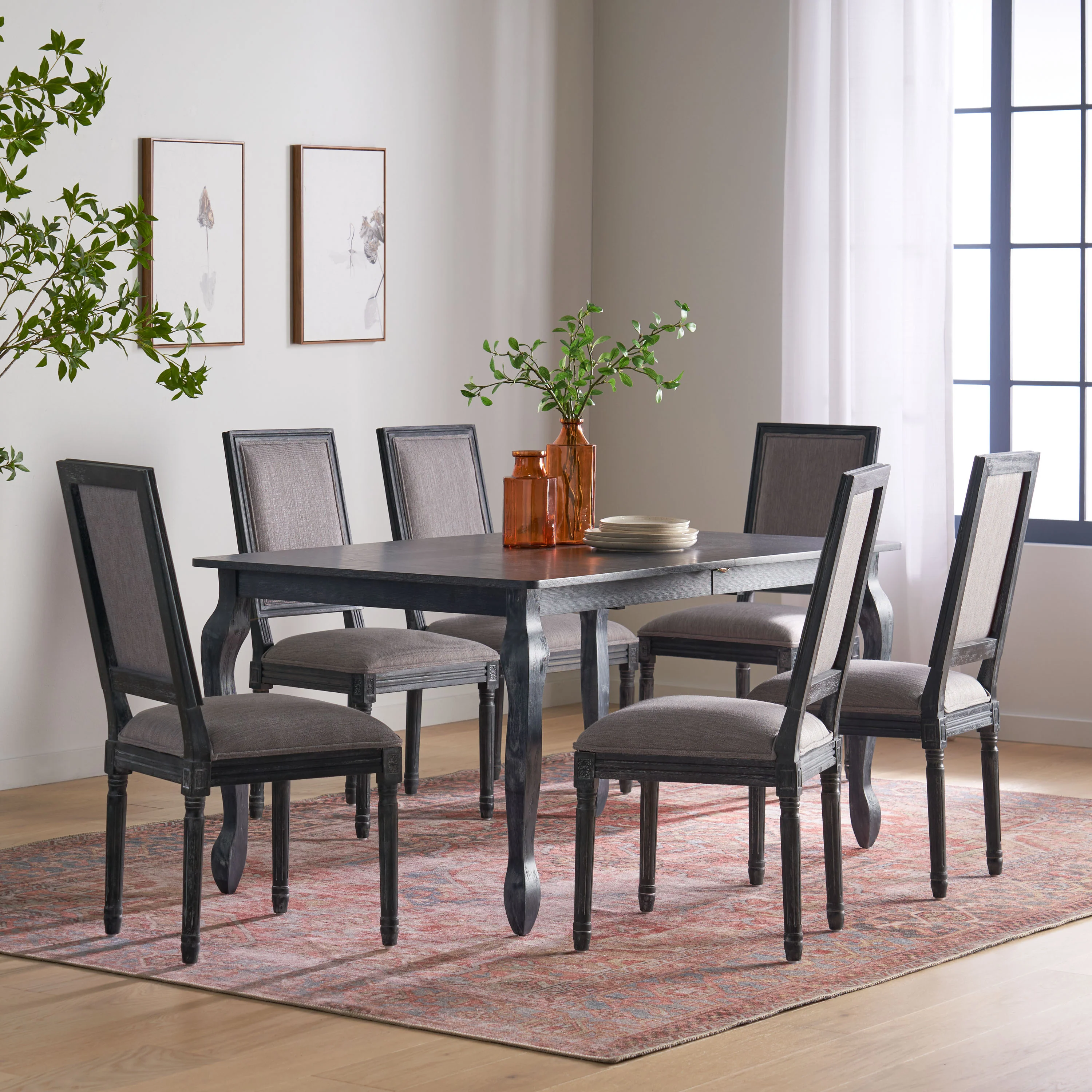 Fernleaf French Country Fabric Upholstered Wood Expandable 7 Piece Dining Set - furnishings