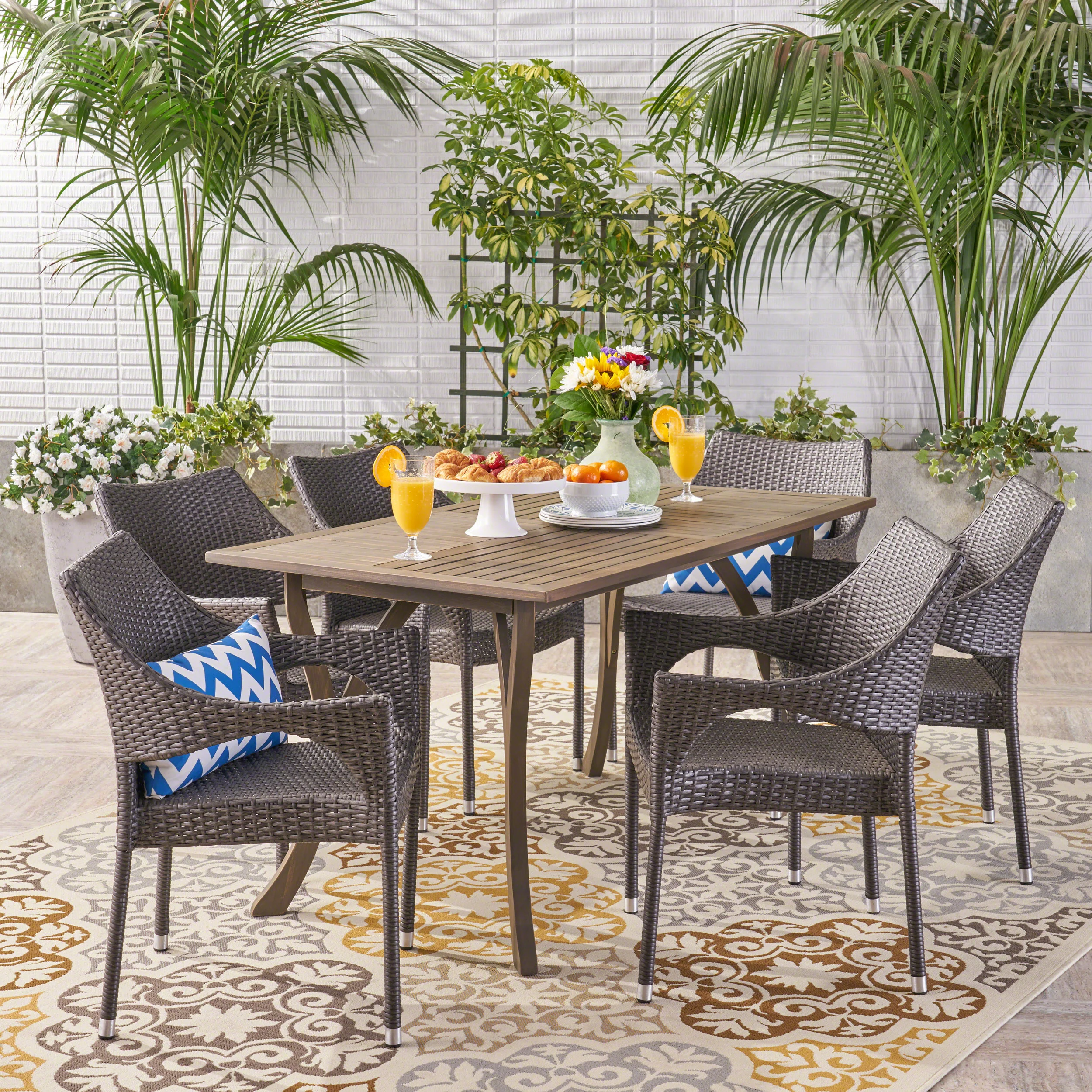Tyesha Outdoor 7 Piece Wood and Wicker Dining Set, Gray and Gray - furnishings