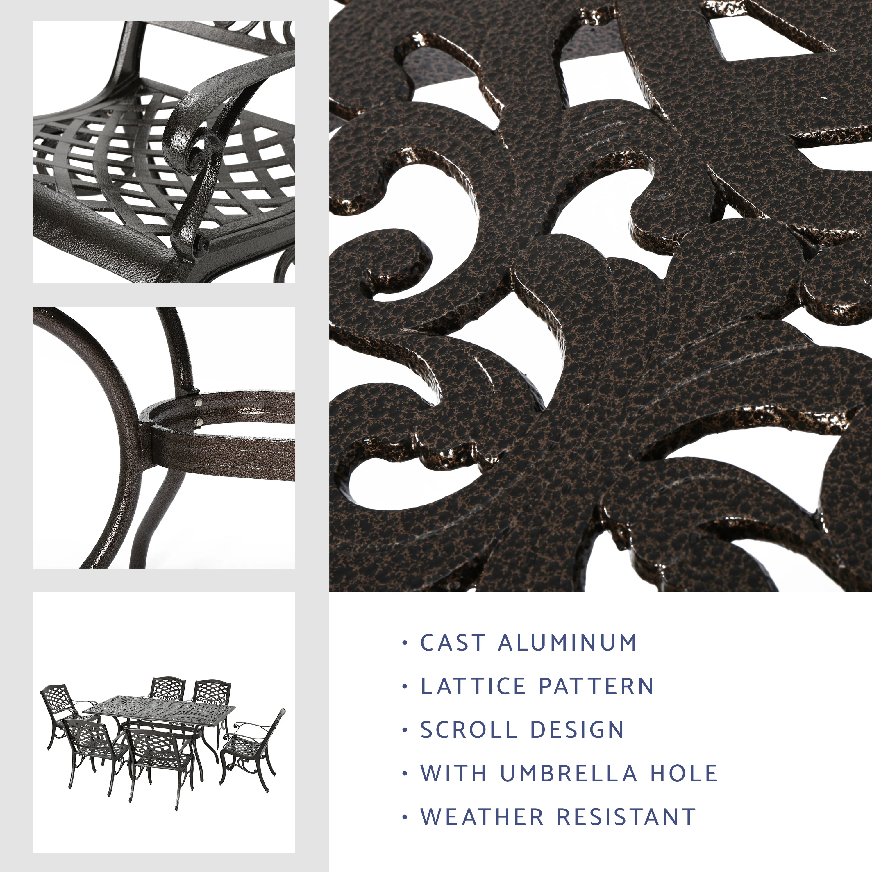 Odena Outdoor 7-piece Cast Aluminum Rectangle Bronze Dining Set - furnishings