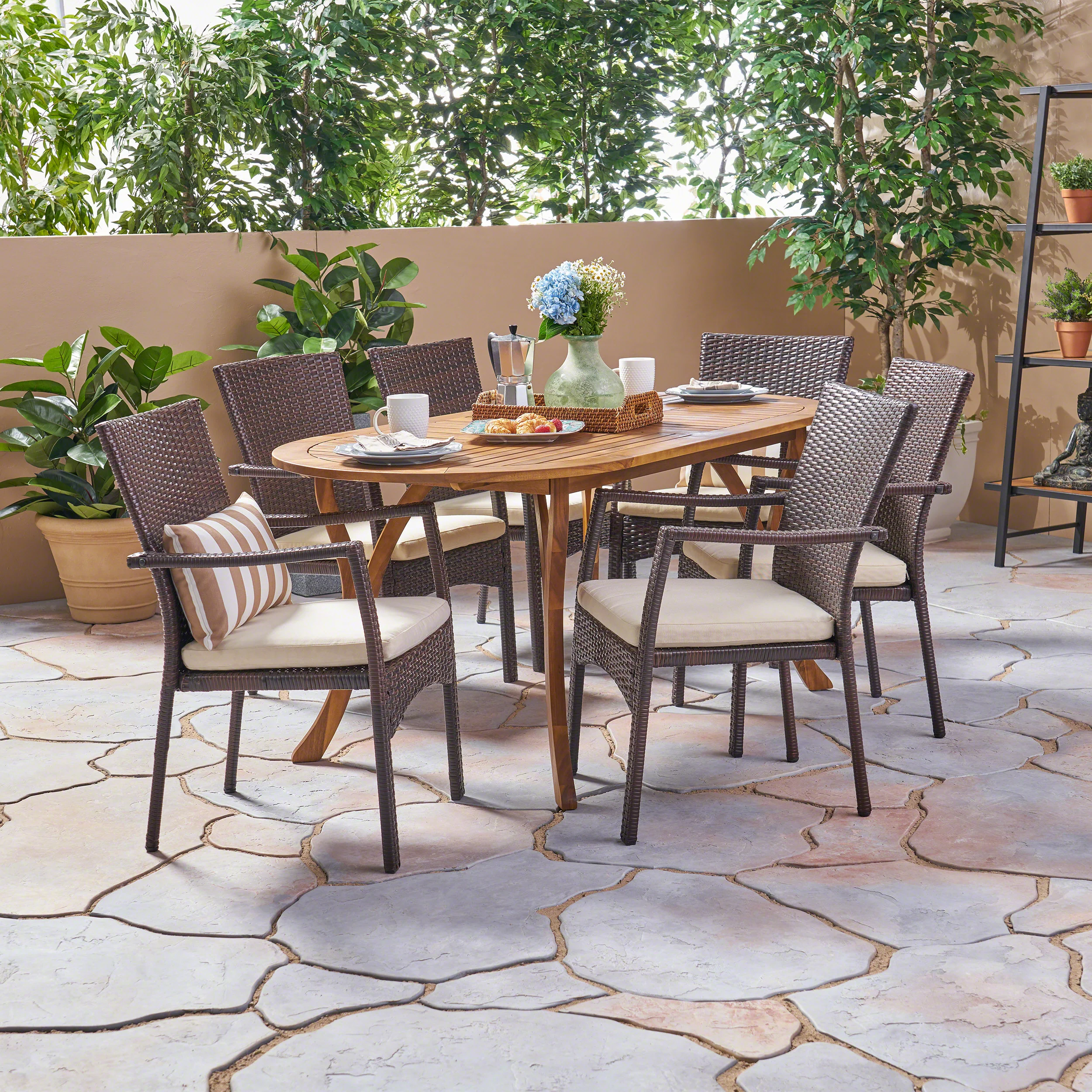 Polk Outdoor 7 Piece Acacia Wood and Wicker Dining Set, Teak with Brown Chairs - furnishings
