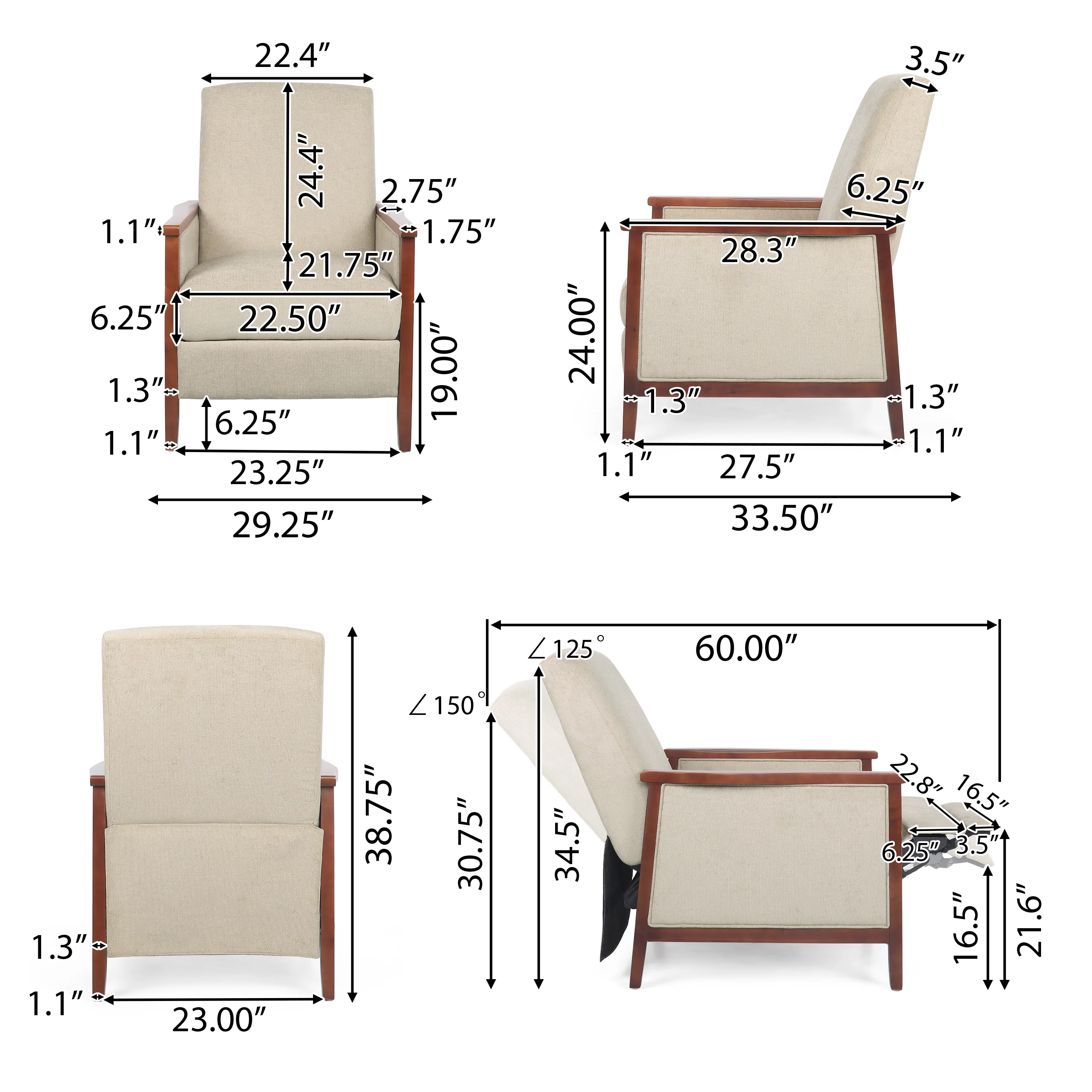 Ambleside Mid Century Modern Fabric Upholstered Wood Pushback Recliner - furnishings