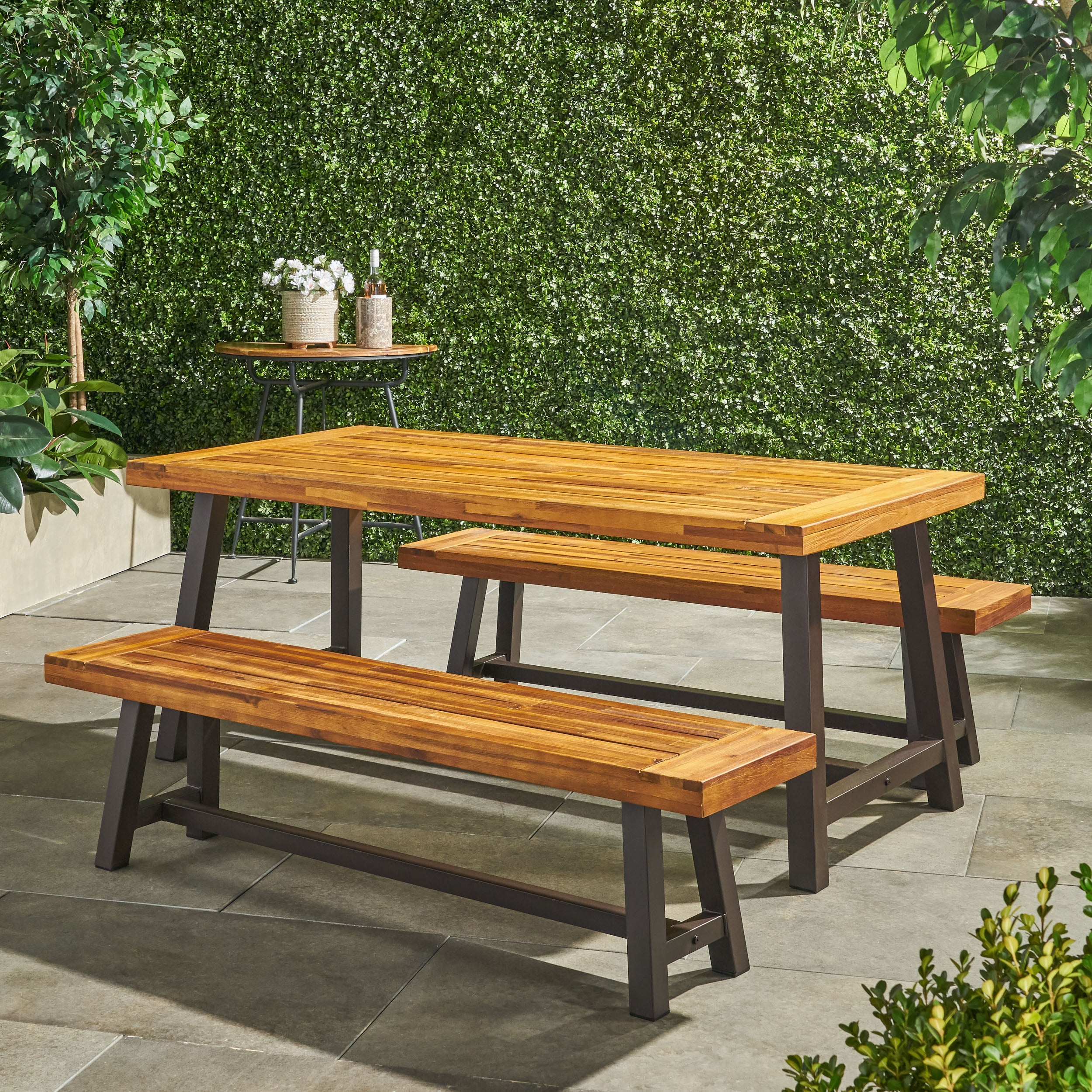 Bowman Outdoor Modern Industrial 3 Piece Acacia Wood Picnic Dining Set with Benches, Sandblasted Teak - furnishings