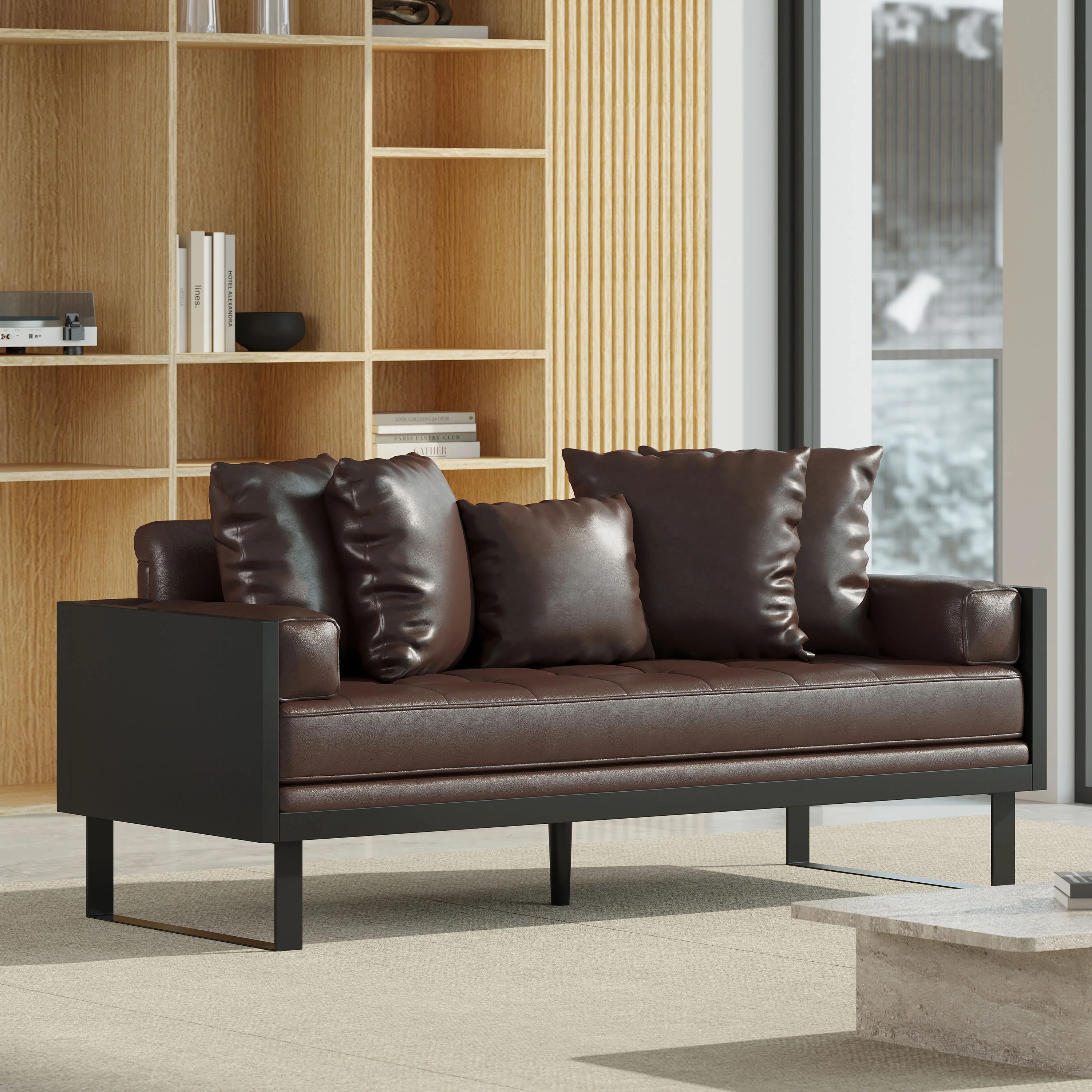 Manbow Contemporary Faux Leather Upholstered Oversized Loveseat with Accent Pillows - furnishings