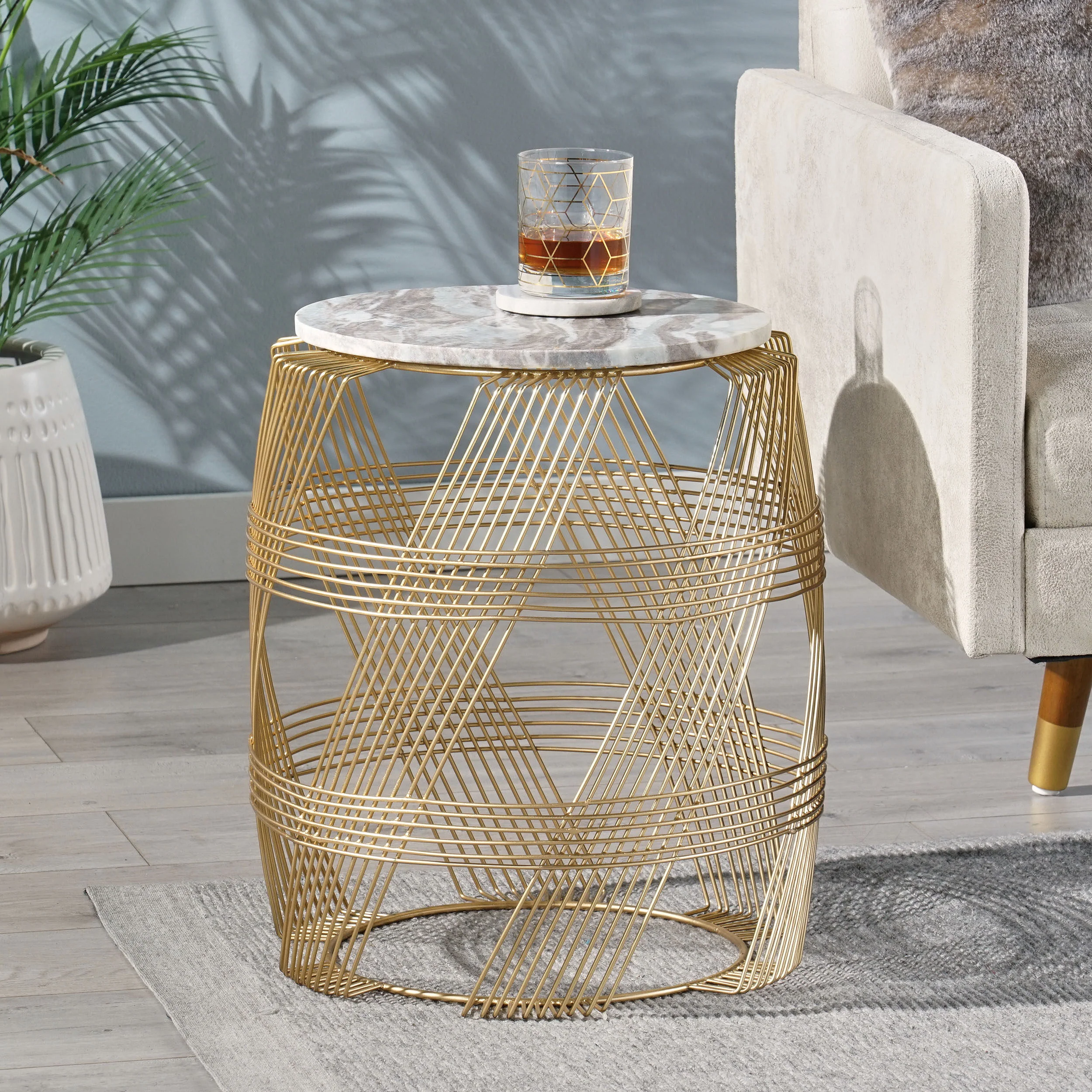 Ackland Modern Glam Handcrafted Marble Top Wire Frame Side Table, Natural and Gold - furnishings